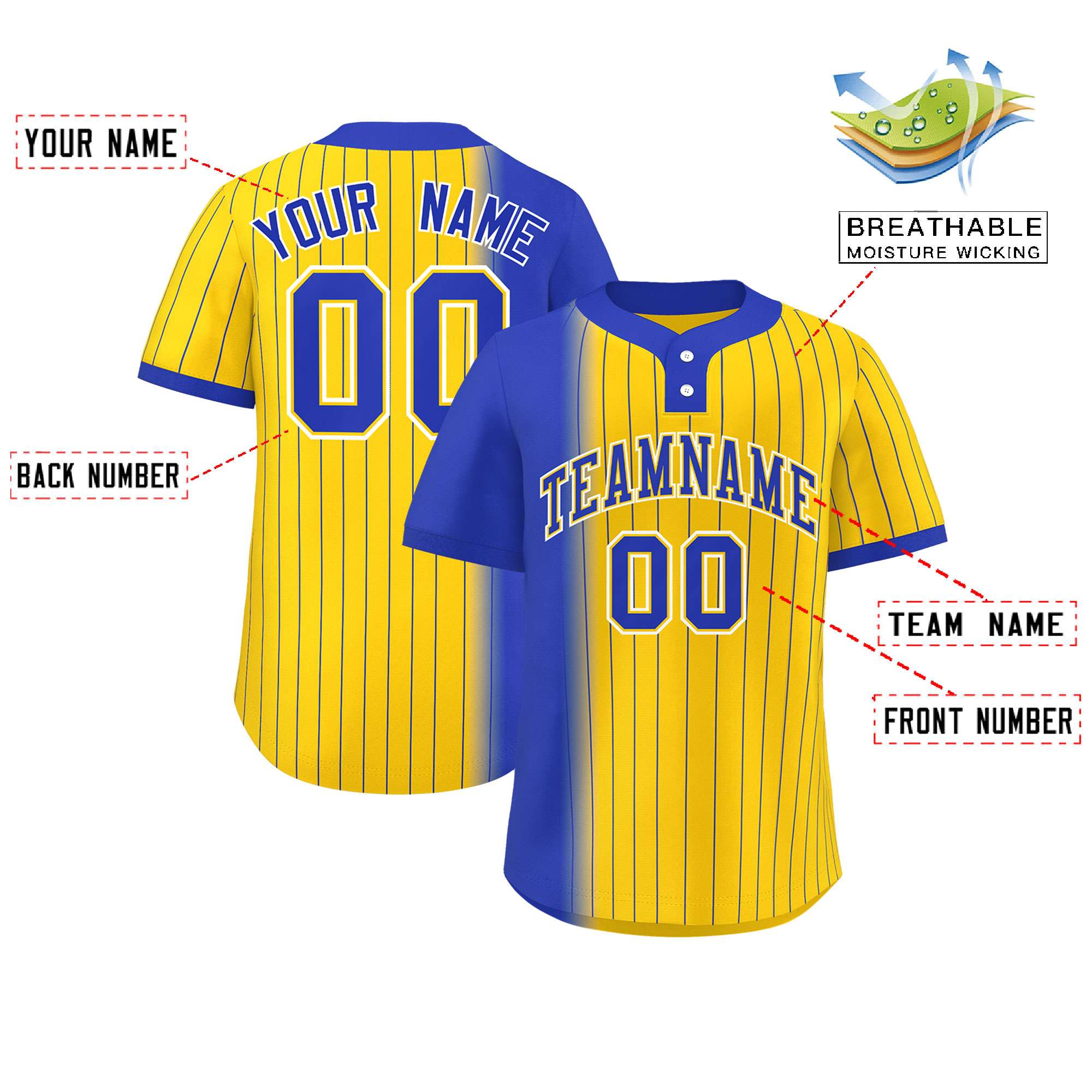 Custom Royal Gold Gradient Stripe Fashion Authentic Two-Button Baseball Jersey