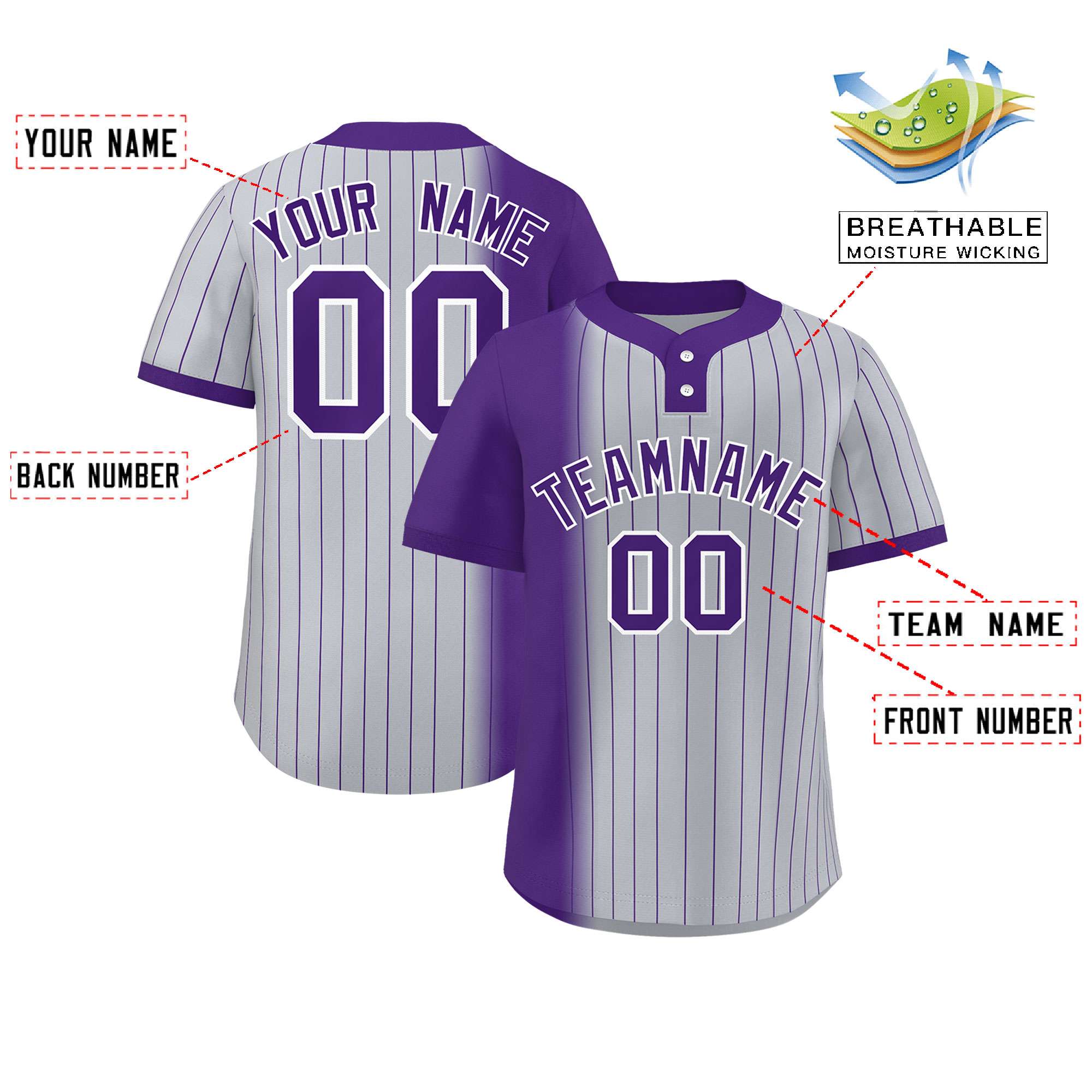 Custom Purple Gray Gradient Stripe Fashion Authentic Two-Button Baseball Jersey