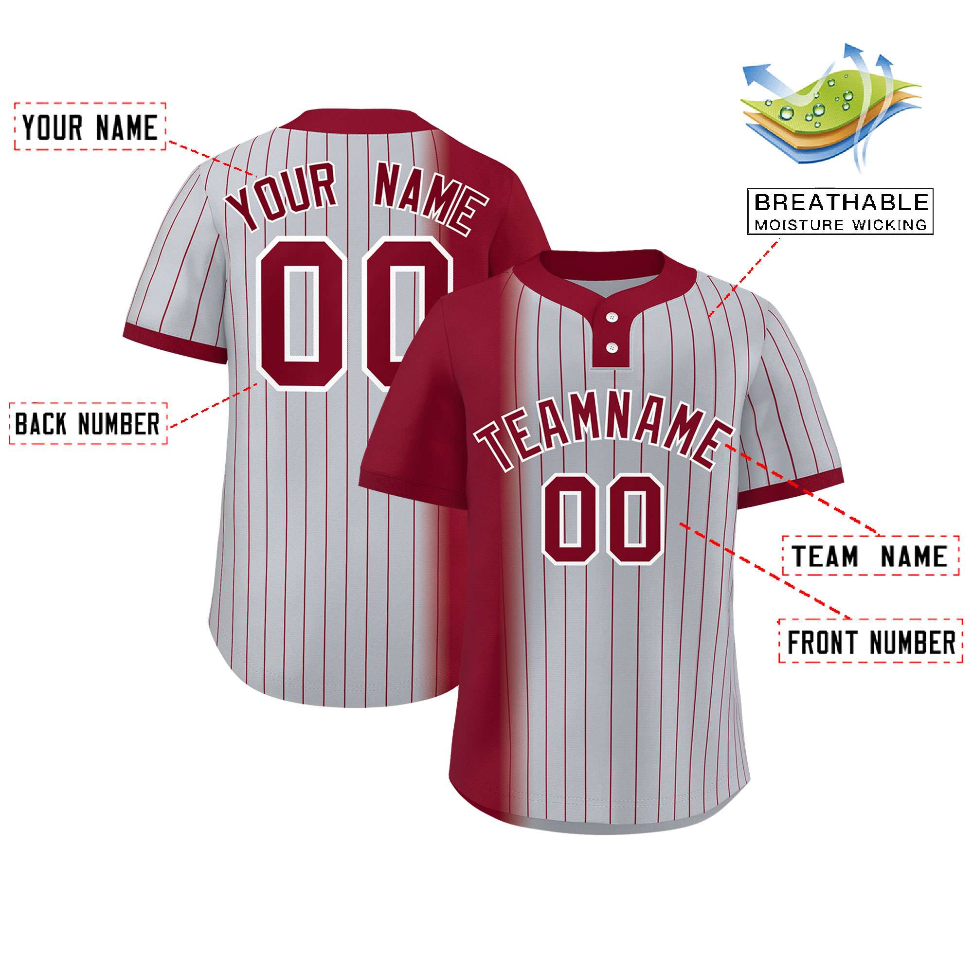 Custom Crimson Gray Gradient Stripe Fashion Authentic Two-Button Baseball Jersey