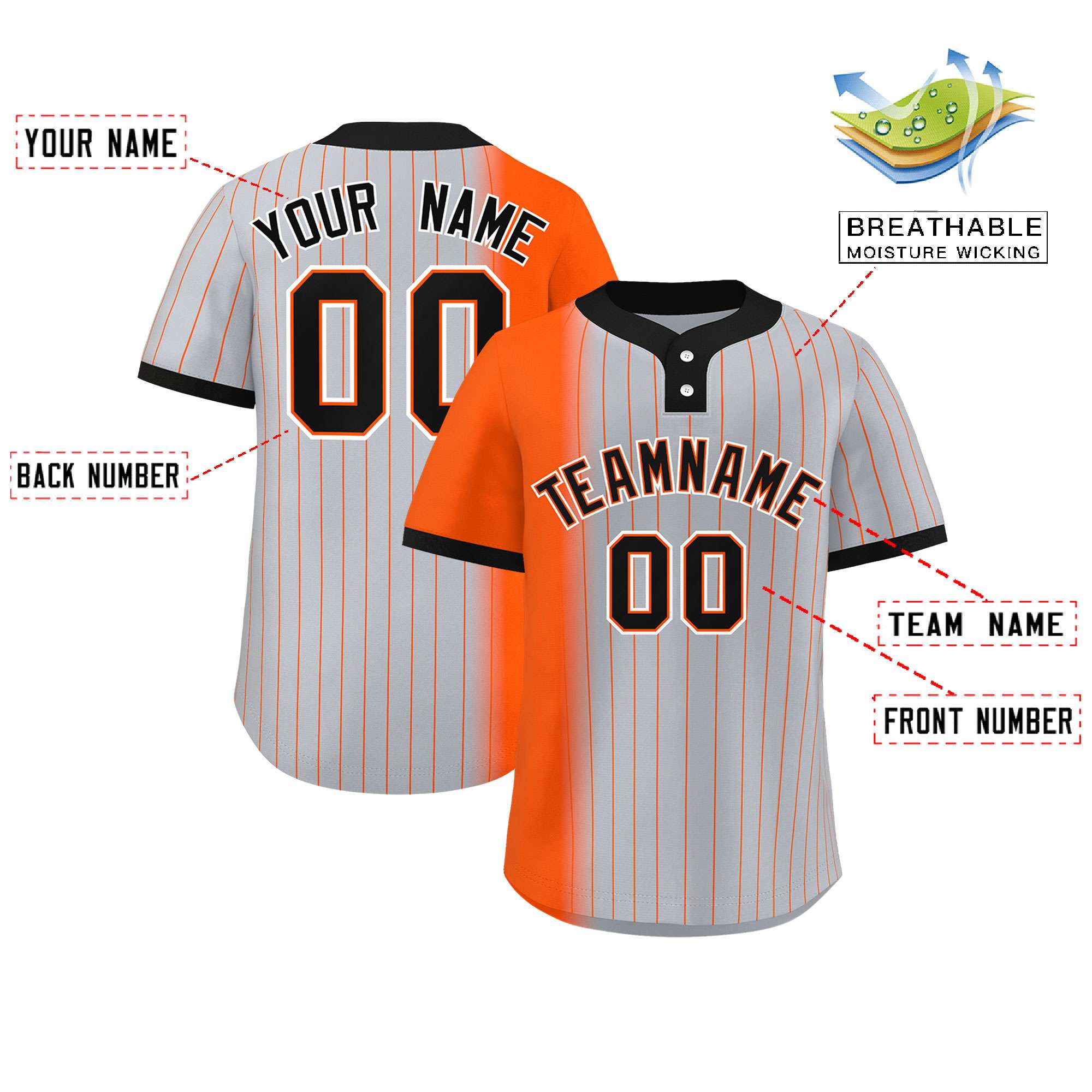 Custom Orange Gray-Black Gradient Stripe Fashion Authentic Two-Button Baseball Jersey