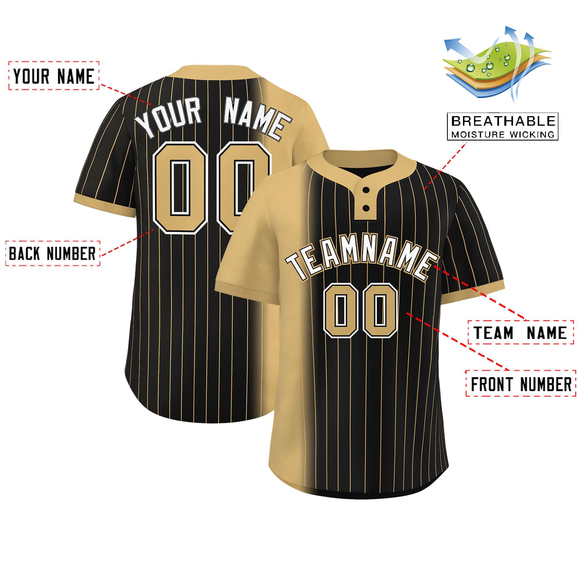 Custom Old Gold Black Gradient Stripe Fashion Authentic Two-Button Baseball Jersey