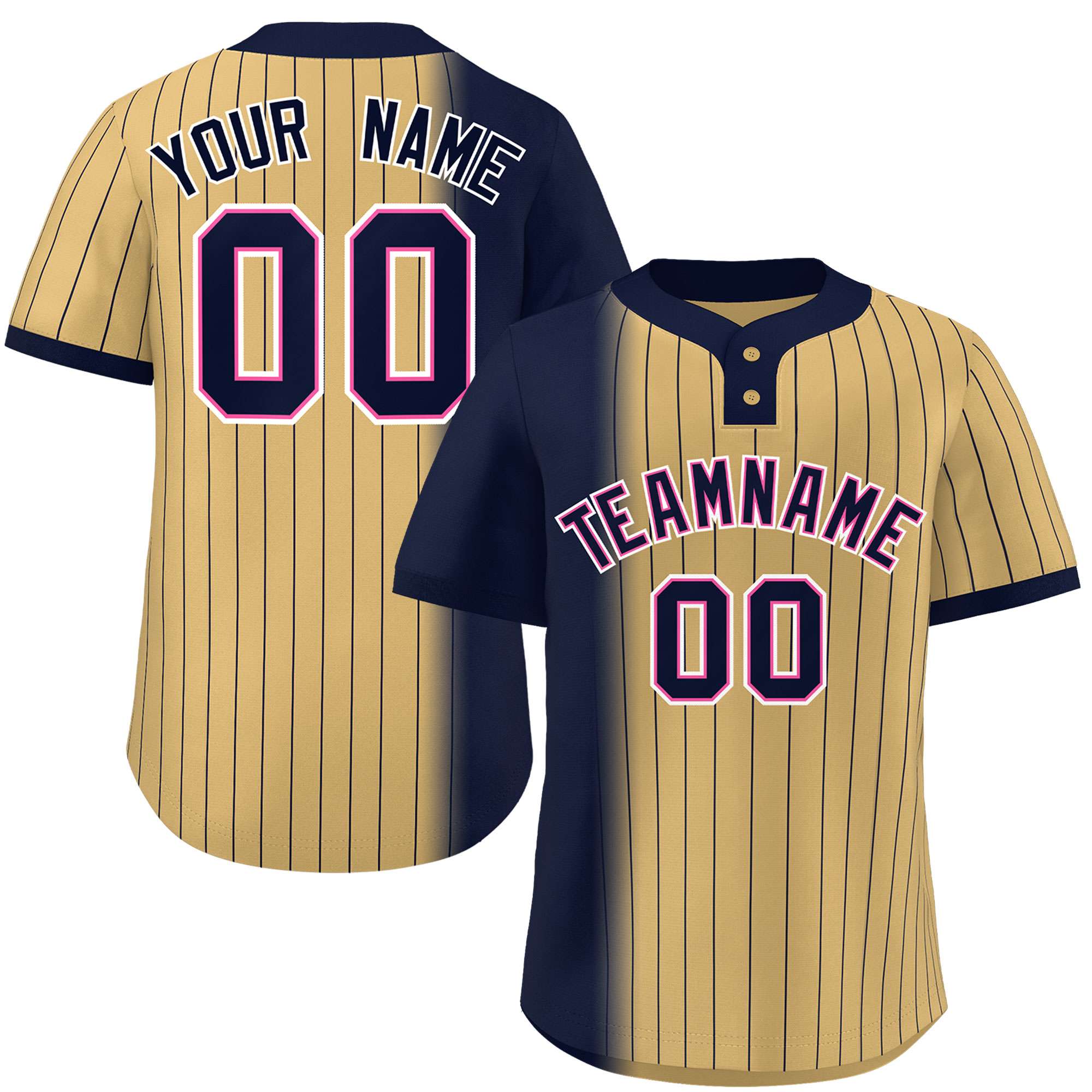 Custom Navy Old Gold Gradient Stripe Fashion Authentic Two-Button Baseball Jersey