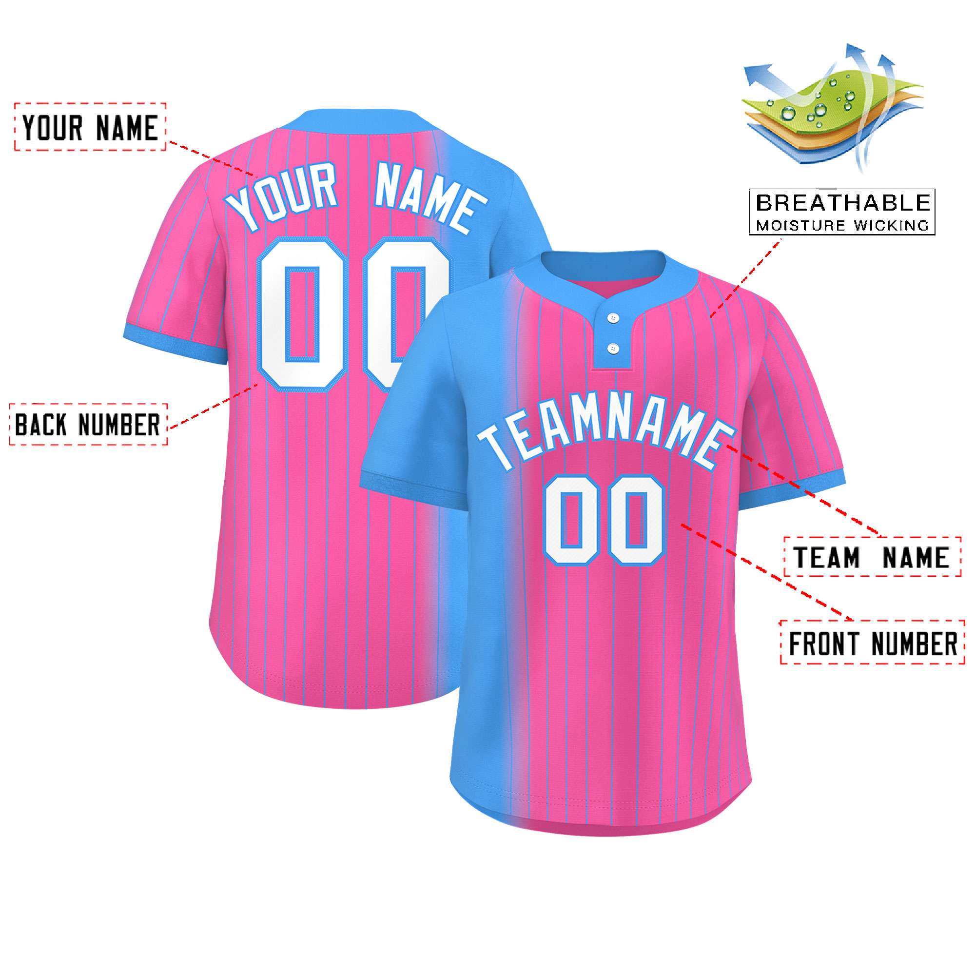 Custom Powder Blue Pink Gradient Stripe Fashion Authentic Two-Button Baseball Jersey