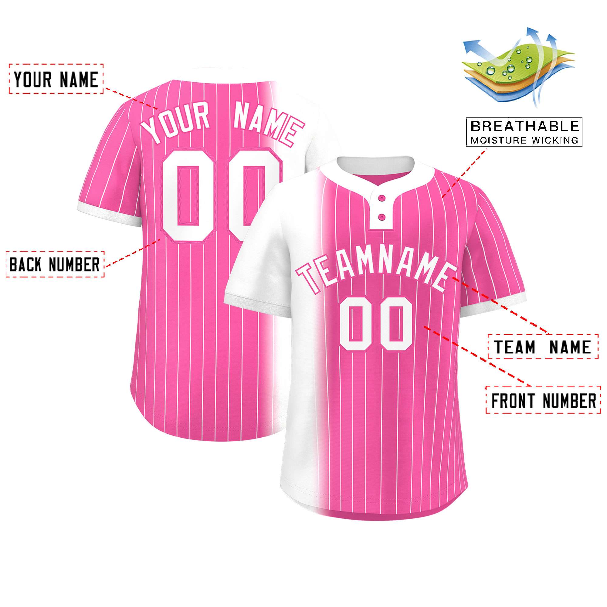 Custom White Pink Gradient Stripe Fashion Authentic Two-Button Baseball Jersey