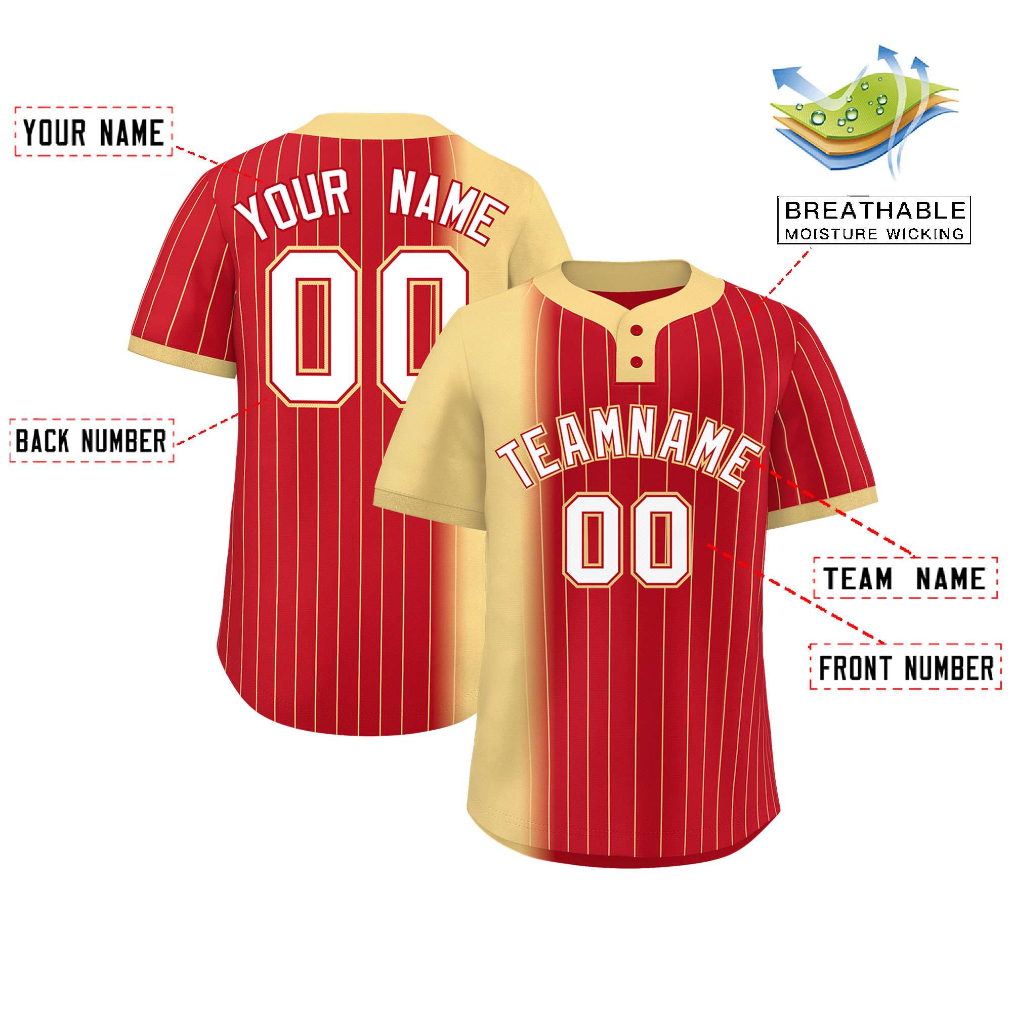 Custom Khaki Red Gradient Stripe Fashion Authentic Two-Button Baseball Jersey