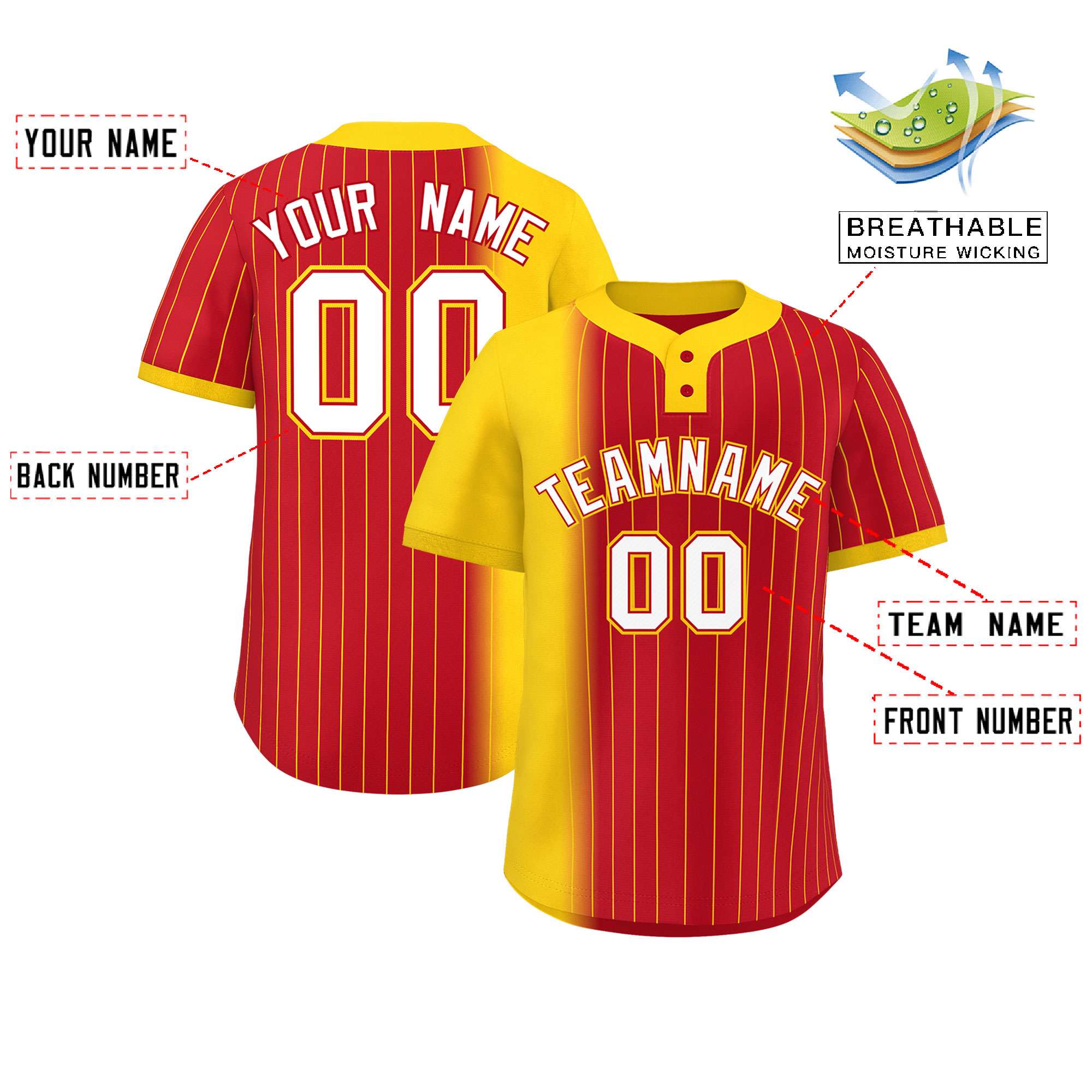 Custom Gold Red Gradient Stripe Fashion Authentic Two-Button Baseball Jersey