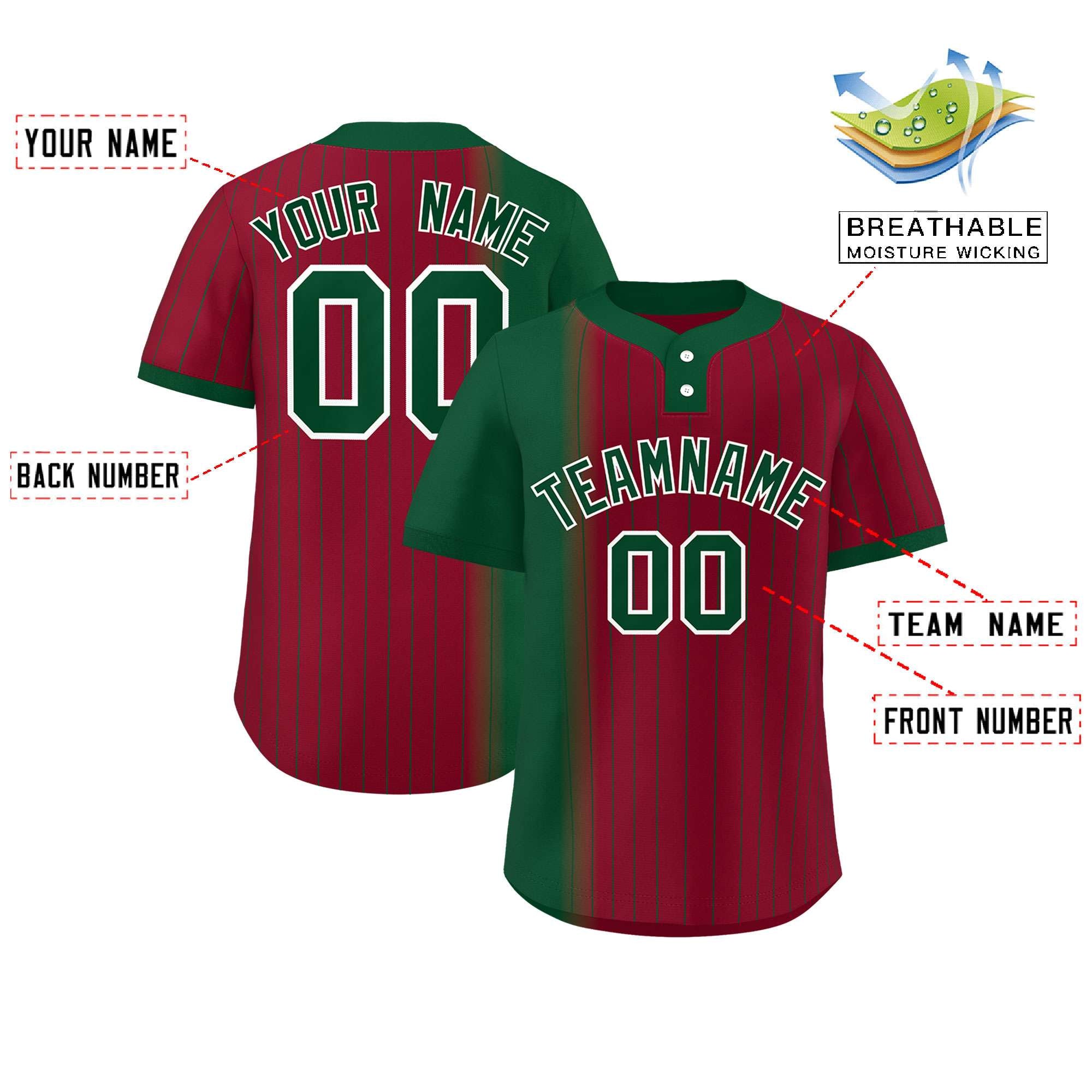 Custom Green Crimson Gradient Stripe Fashion Authentic Two-Button Baseball Jersey