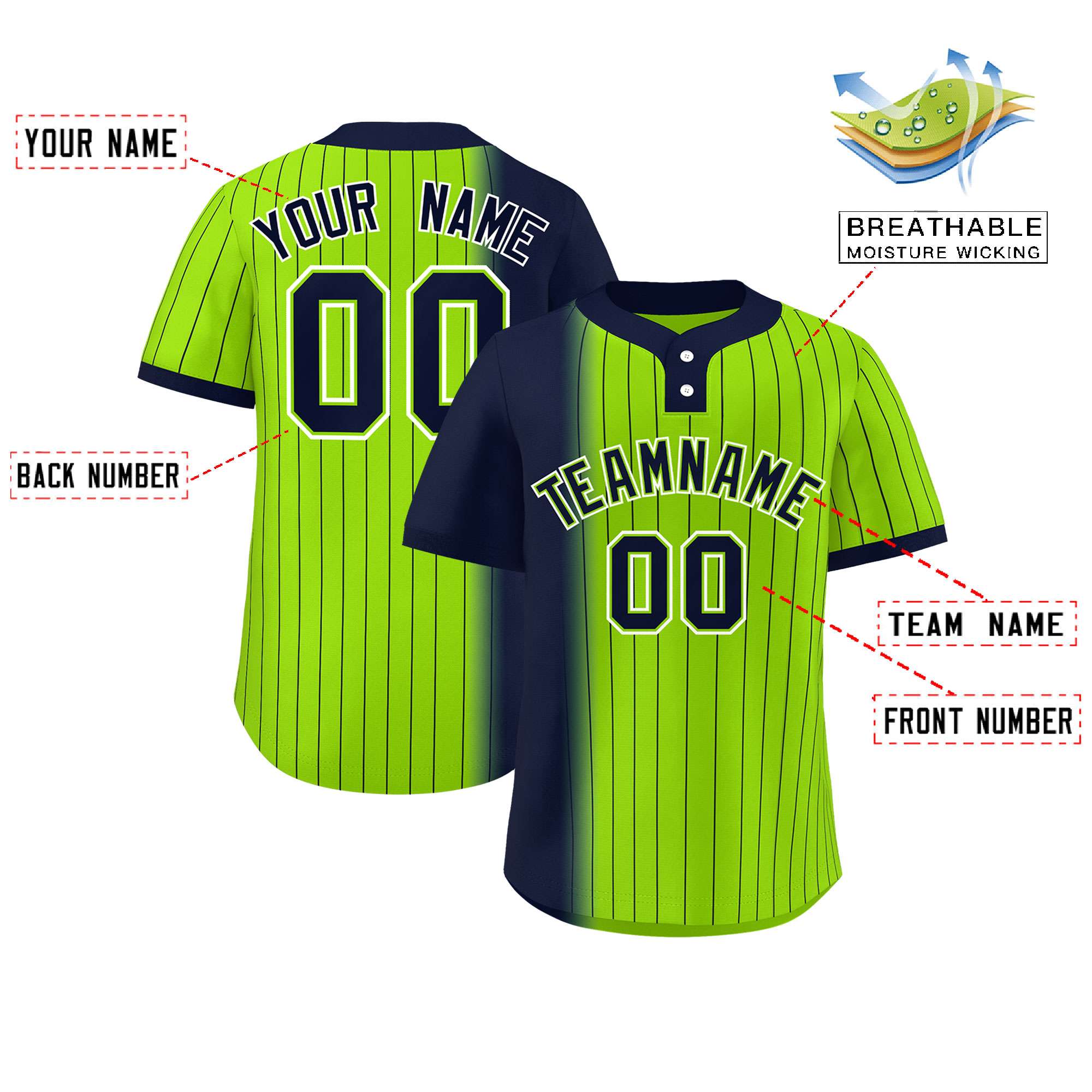 Custom Navy Neon Green Gradient Stripe Fashion Authentic Two-Button Baseball Jersey