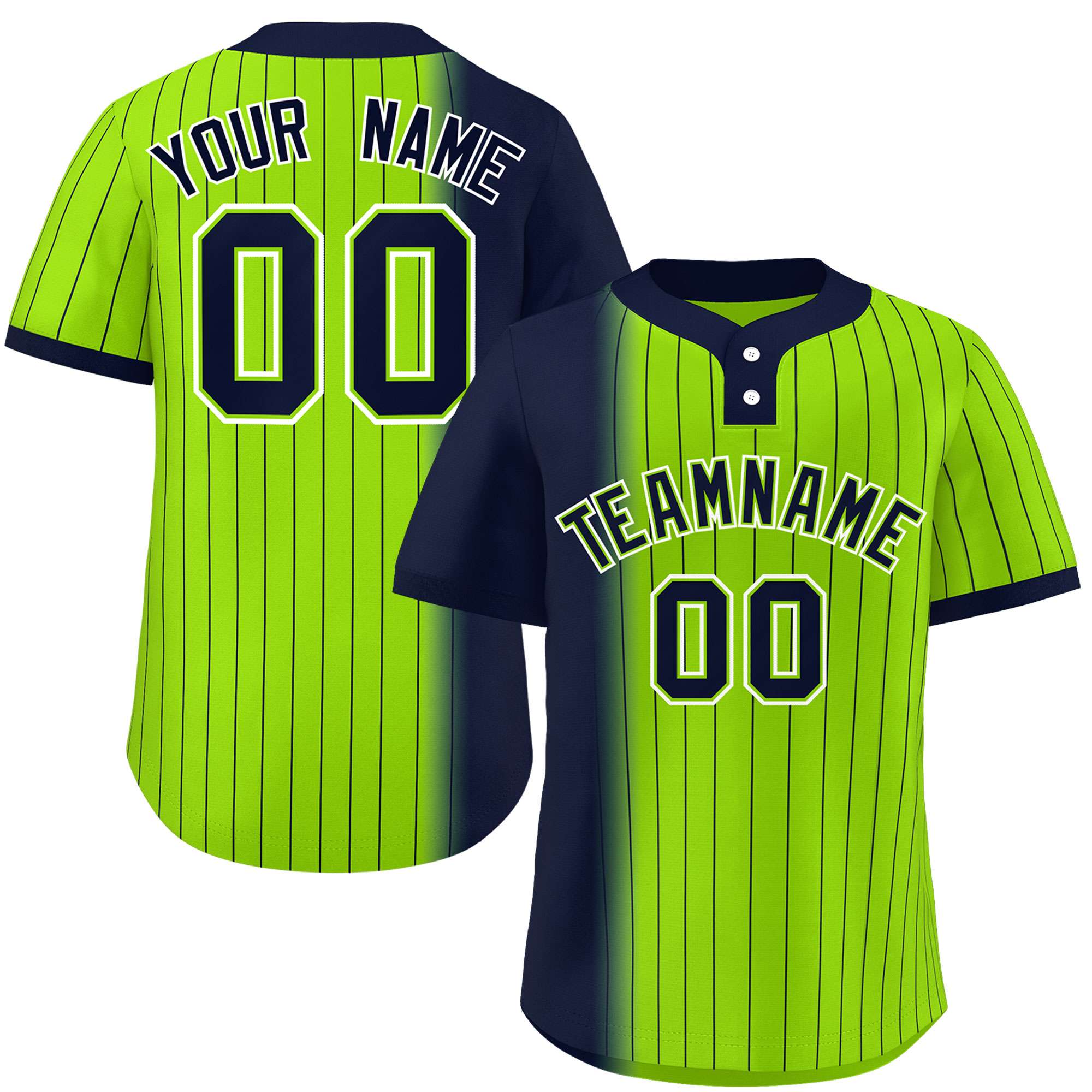 Custom Navy Neon Green Gradient Stripe Fashion Authentic Two-Button Baseball Jersey