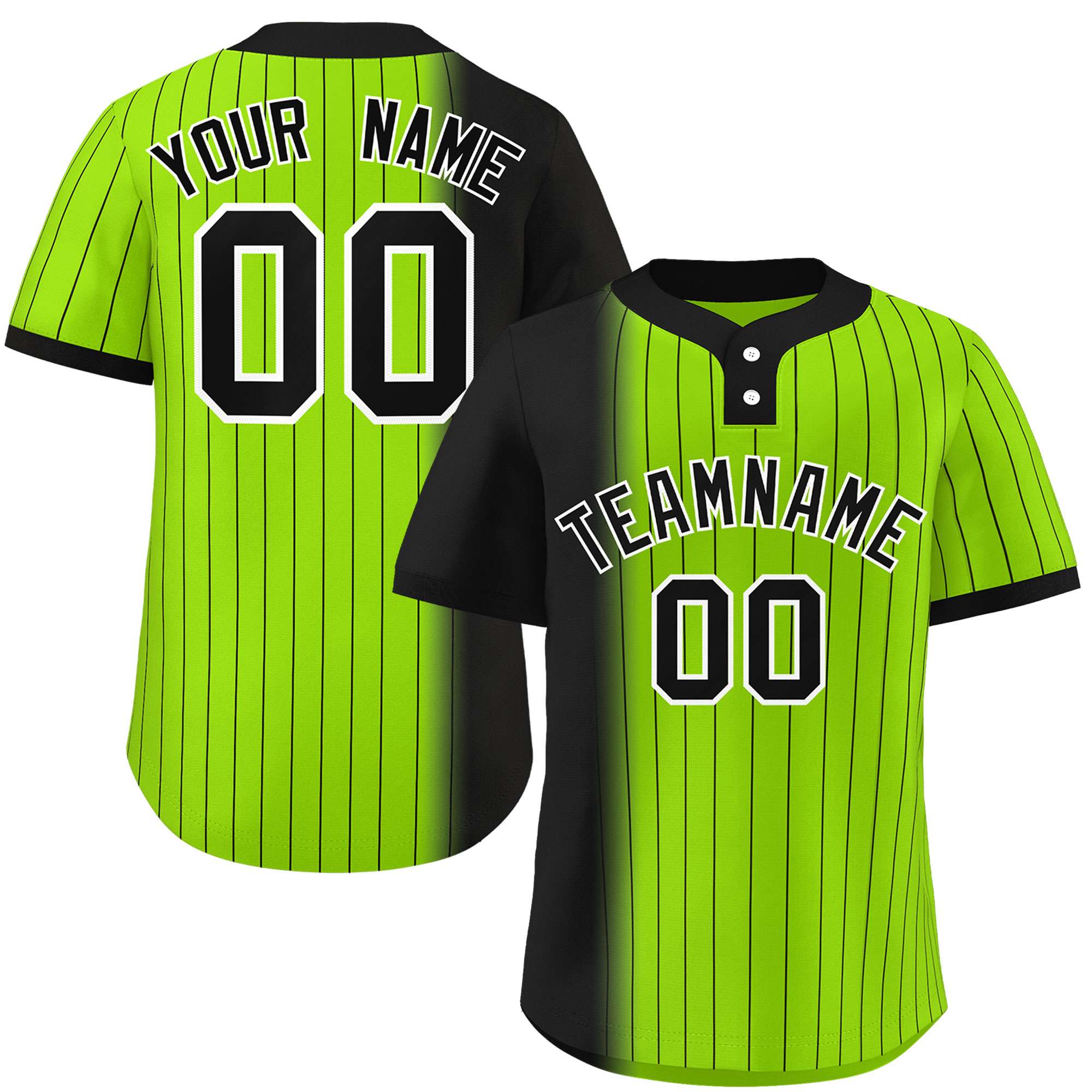 Custom Black Neon Green Gradient Stripe Fashion Authentic Two-Button Baseball Jersey