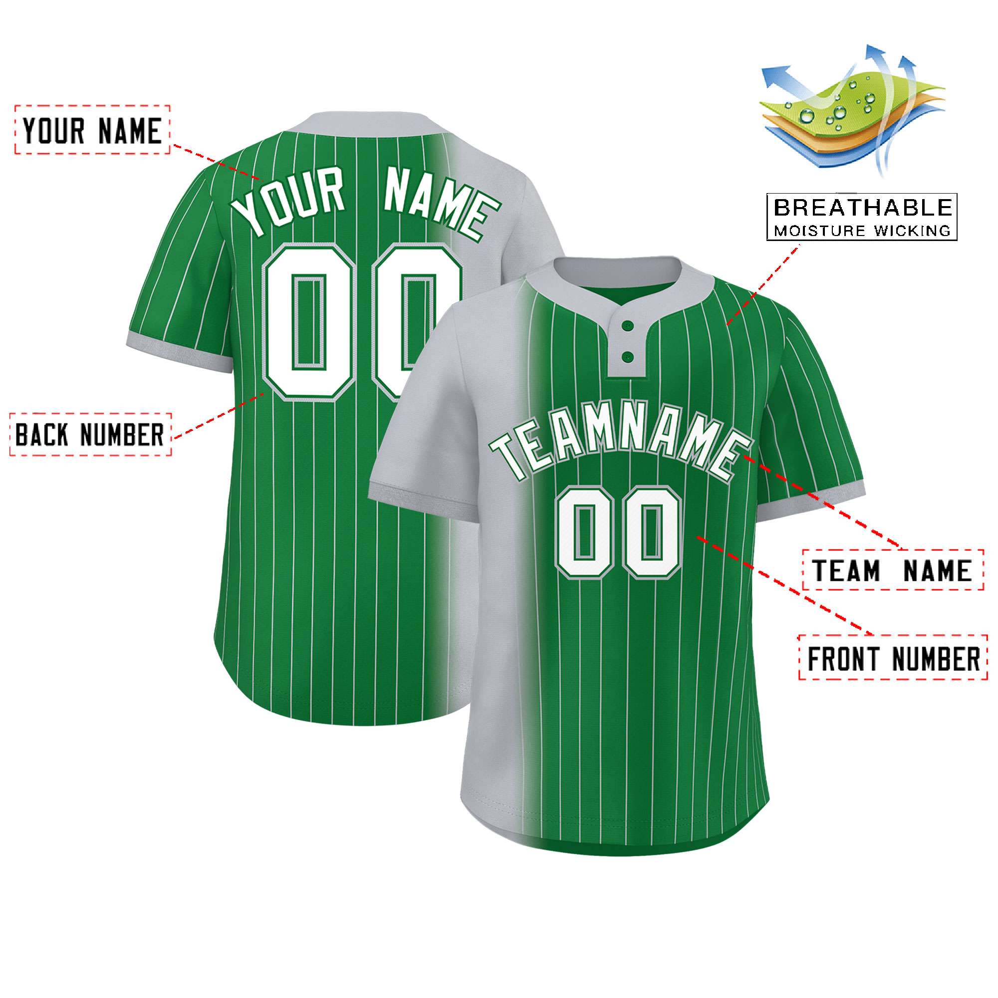 Custom Gray Kelly Green Gradient Stripe Fashion Authentic Two-Button Baseball Jersey