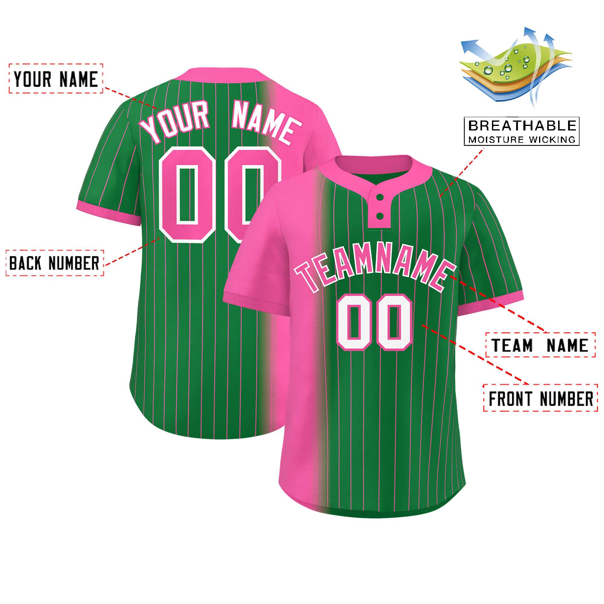 Custom Pink Kelly Green Gradient Stripe Fashion Authentic Two-Button Baseball Jersey