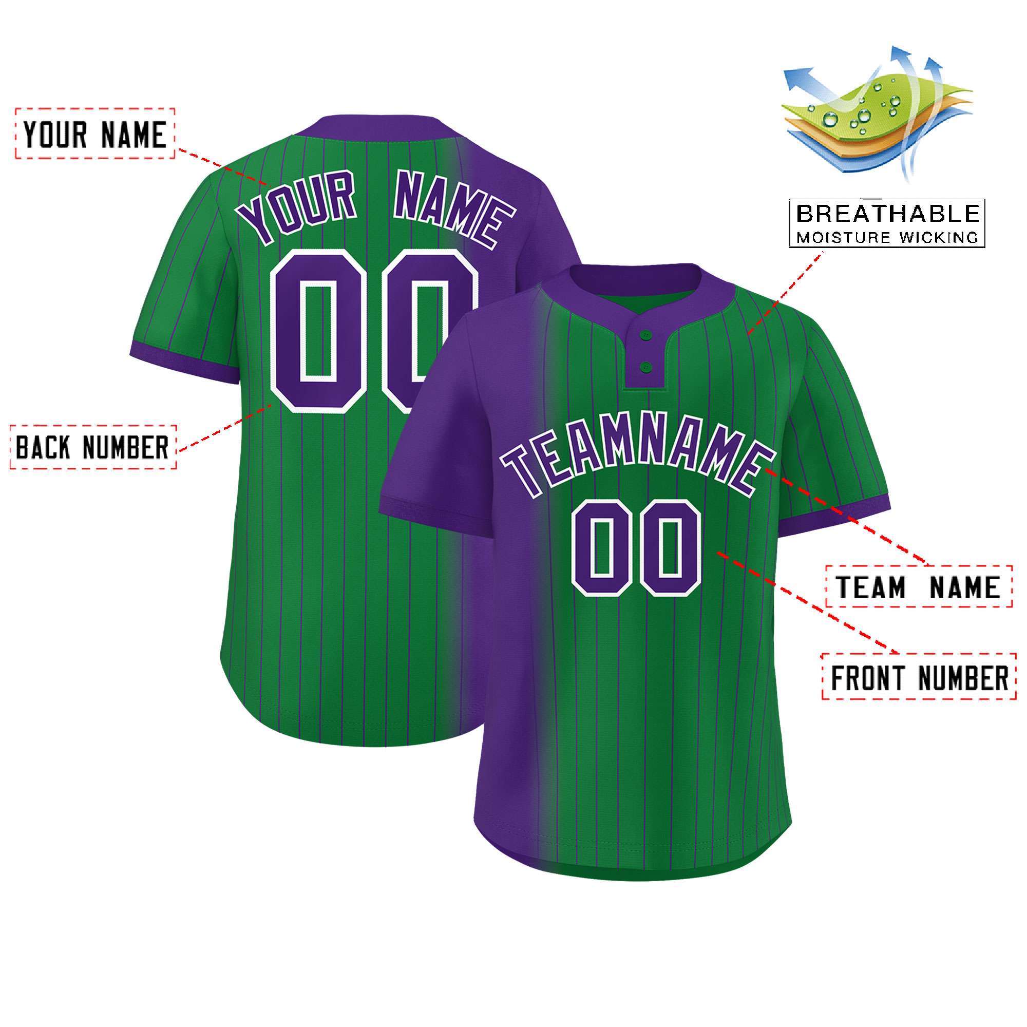 Custom Purple Kelly Green Gradient Stripe Fashion Authentic Two-Button Baseball Jersey