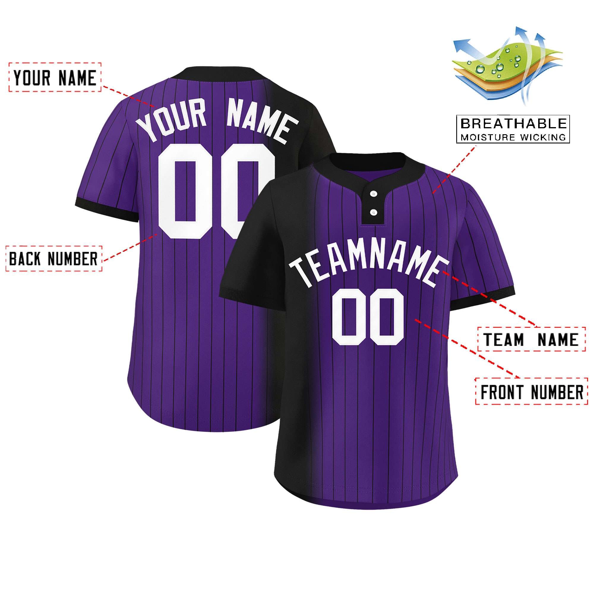 Custom Black Purple Gradient Stripe Fashion Authentic Two-Button Baseball Jersey