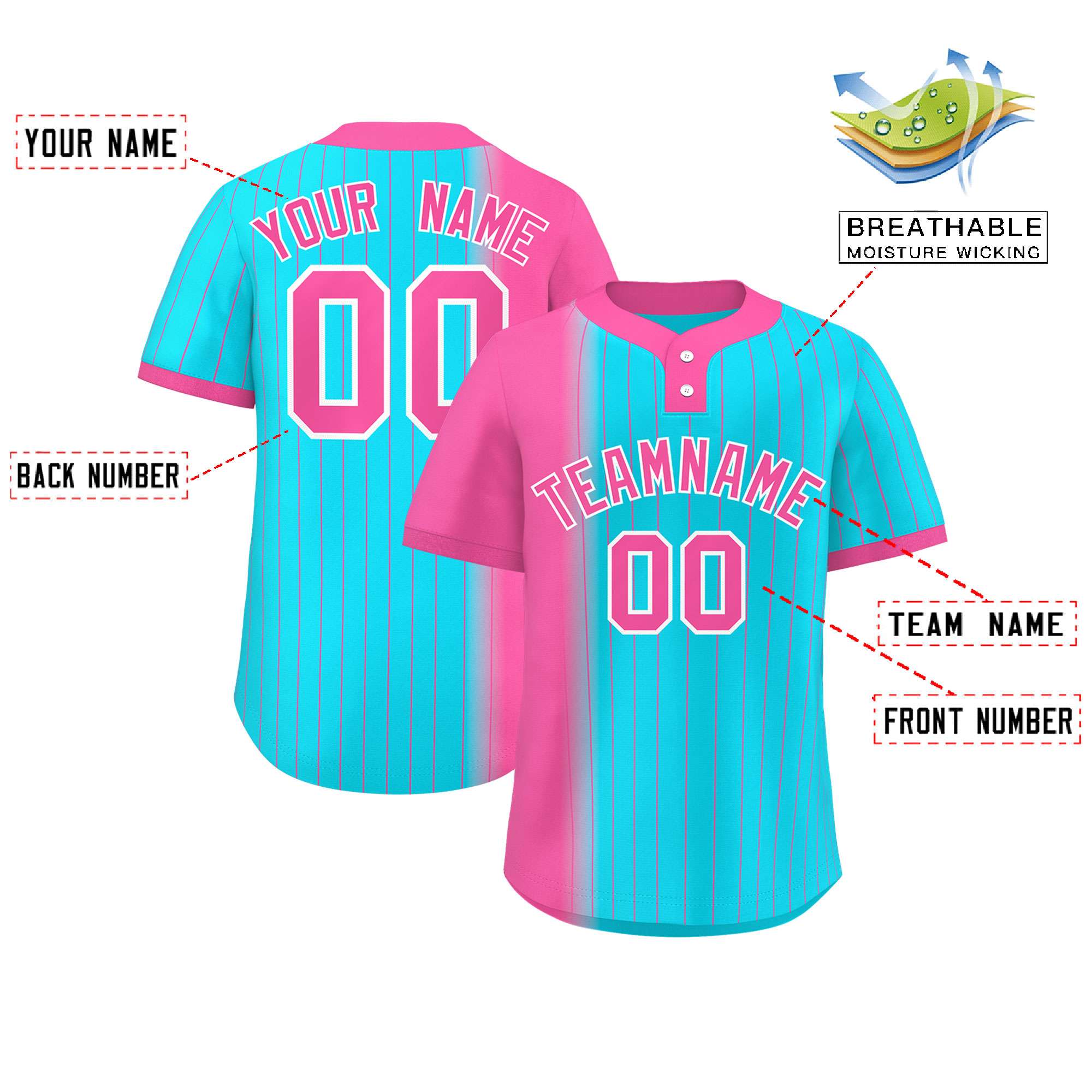 Custom Pink Sky Blue Gradient Stripe Fashion Authentic Two-Button Baseball Jersey