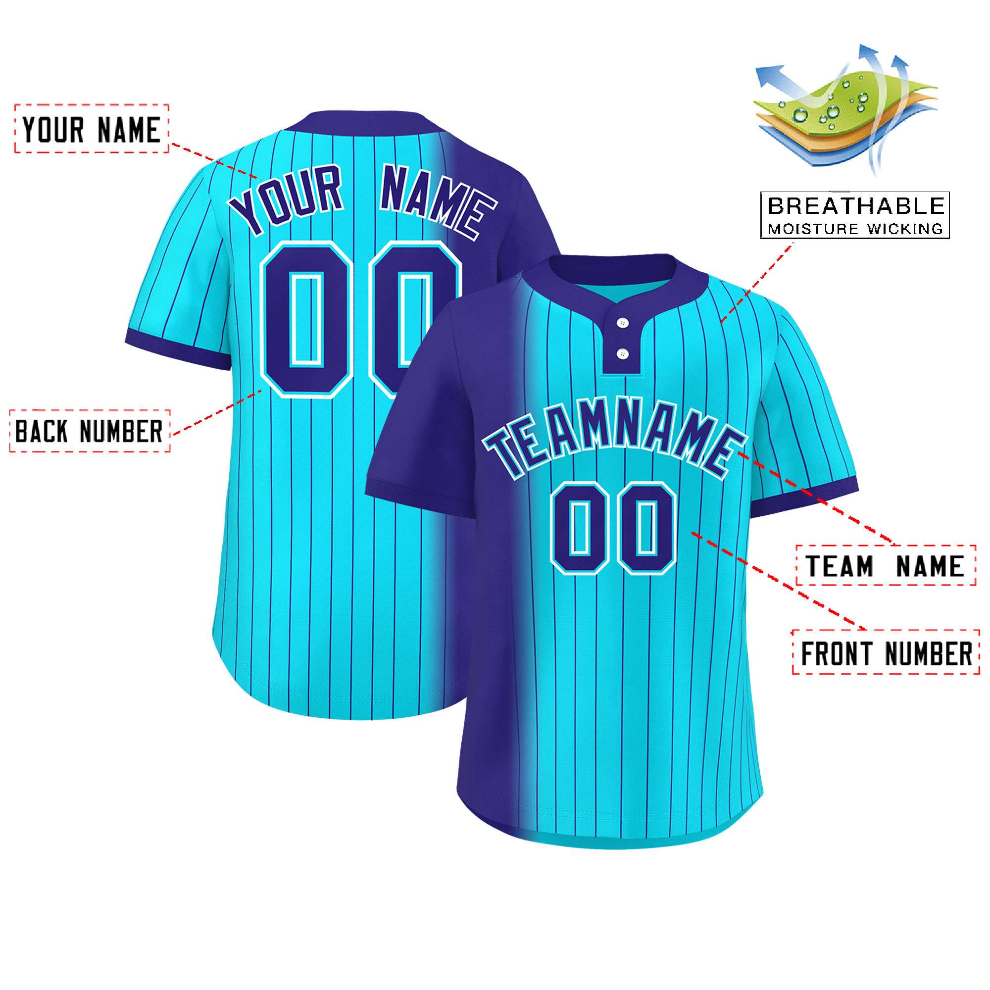 Custom Violet Sky Blue Gradient Stripe Fashion Authentic Two-Button Baseball Jersey