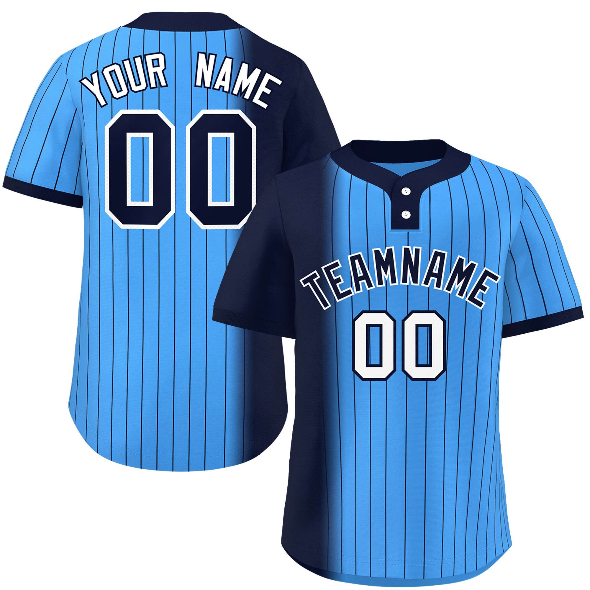 Custom Navy Powder Blue Gradient Stripe Fashion Authentic Two-Button Baseball Jersey