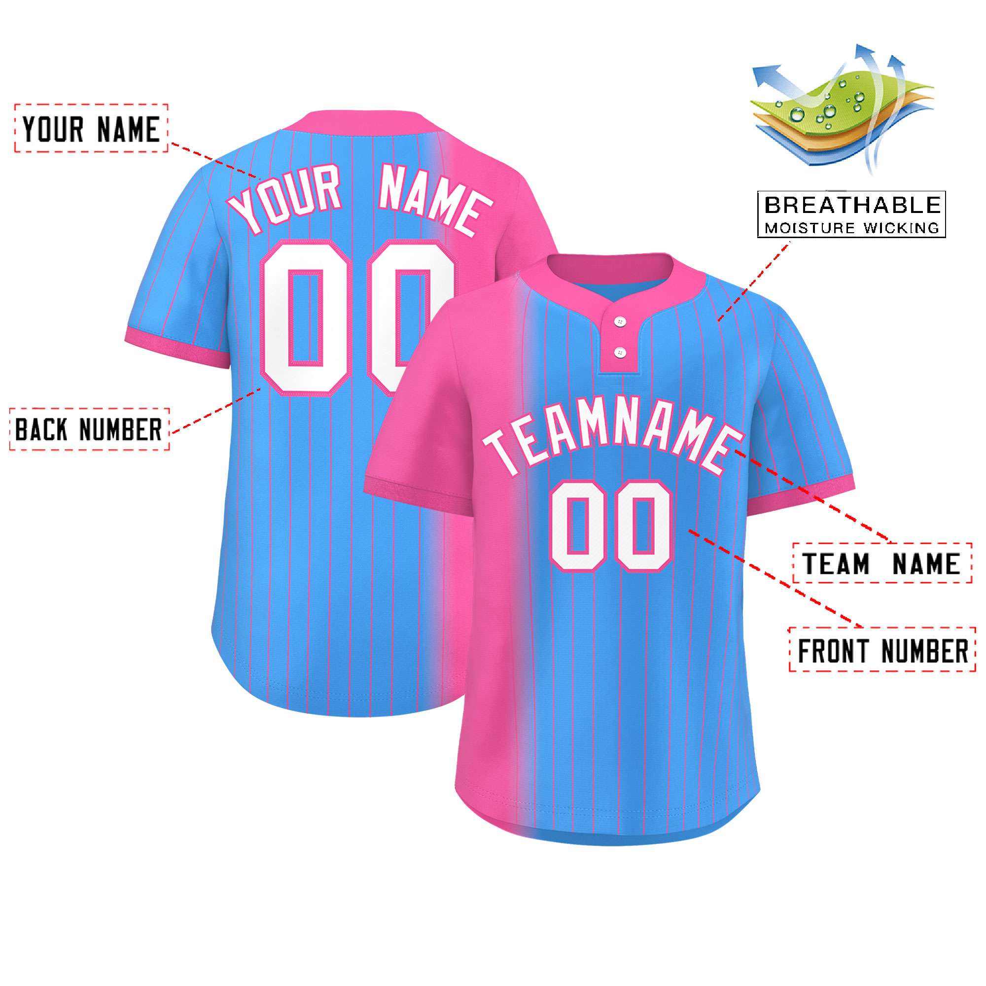 Custom Pink Powder Blue Gradient Stripe Fashion Authentic Two-Button Baseball Jersey