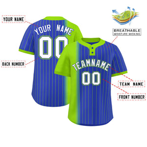 Custom Neon Green Royal Gradient Stripe Fashion Authentic Two-Button Baseball Jersey