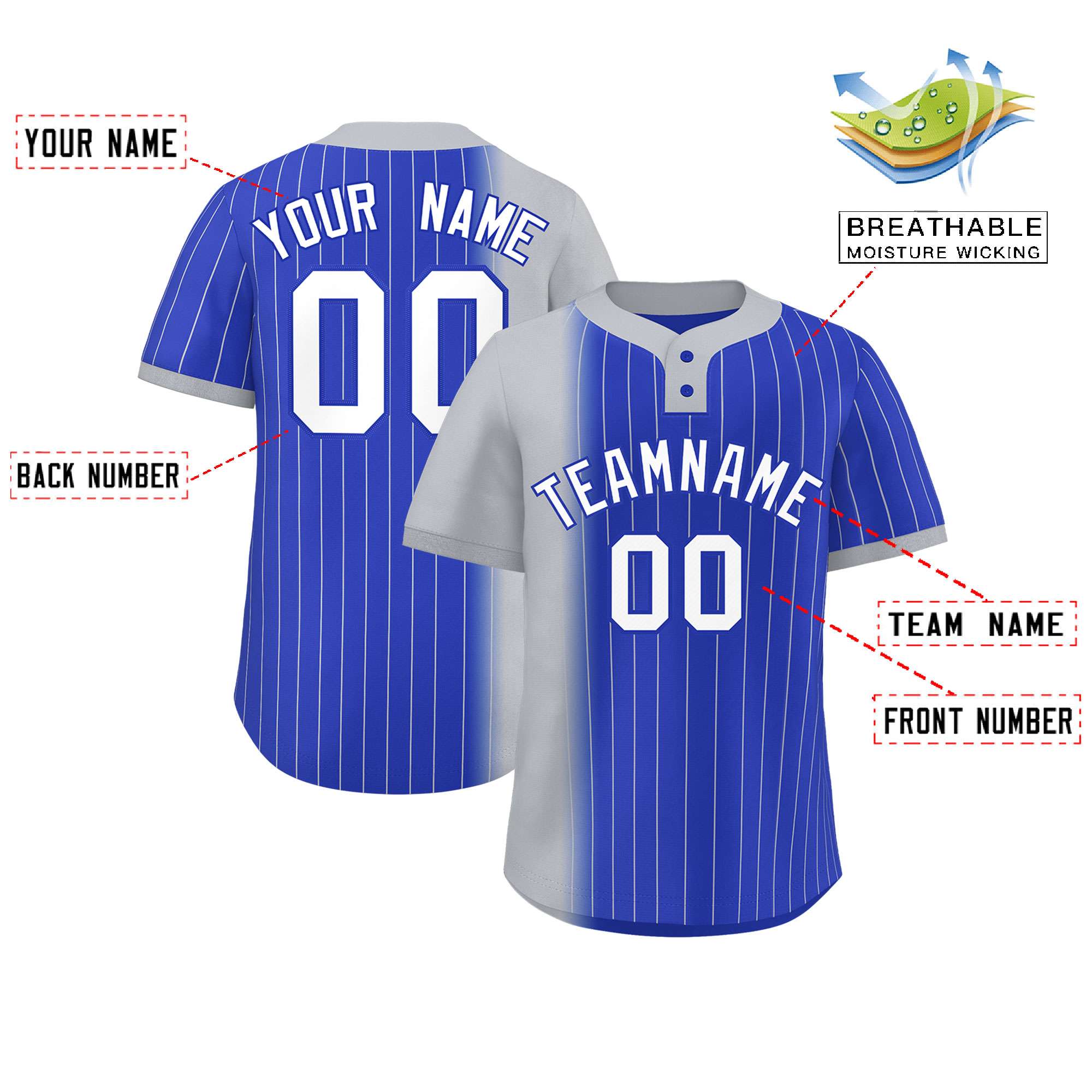 Custom Gray Royal Gradient Stripe Fashion Authentic Two-Button Baseball Jersey