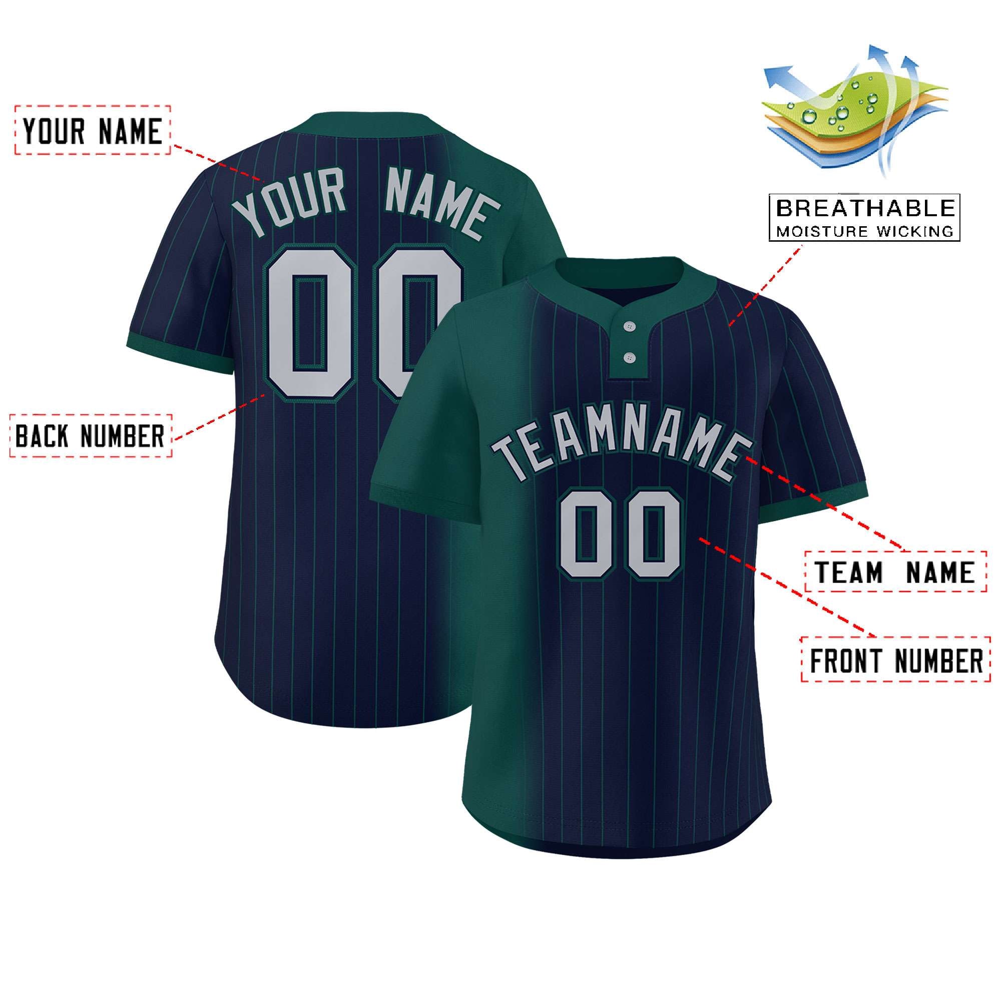 Custom Midnight Green Navy Gradient Stripe Fashion Authentic Two-Button Baseball Jersey