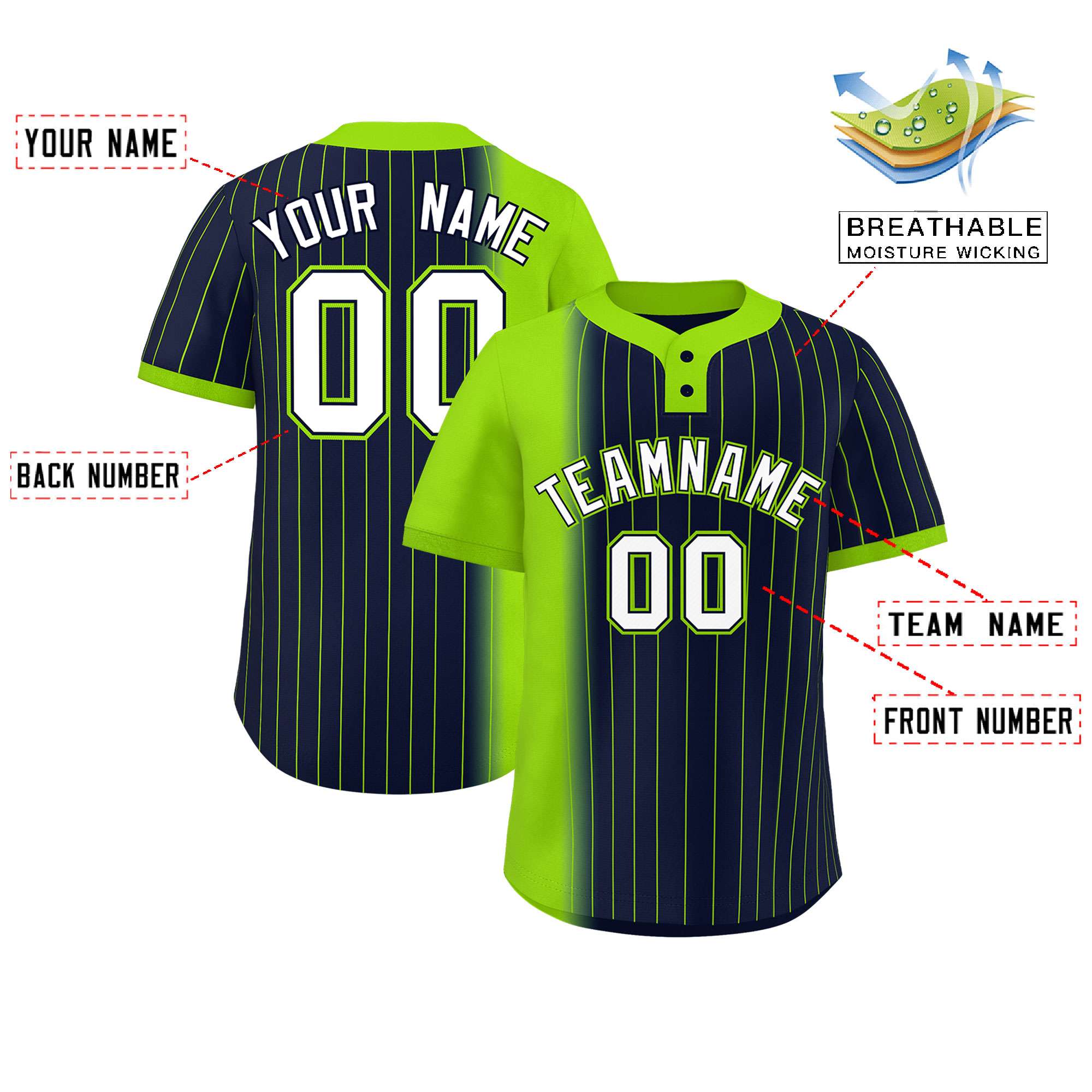 Custom Neon Green Navy Gradient Stripe Fashion Authentic Two-Button Baseball Jersey