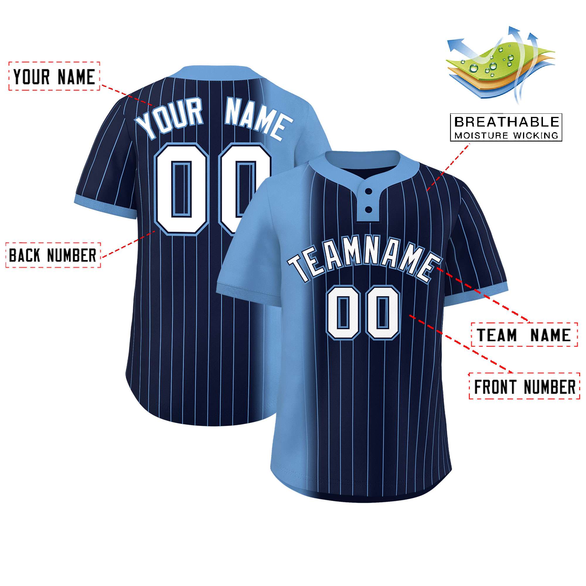 Custom Light Blue Navy Gradient Stripe Fashion Authentic Two-Button Baseball Jersey