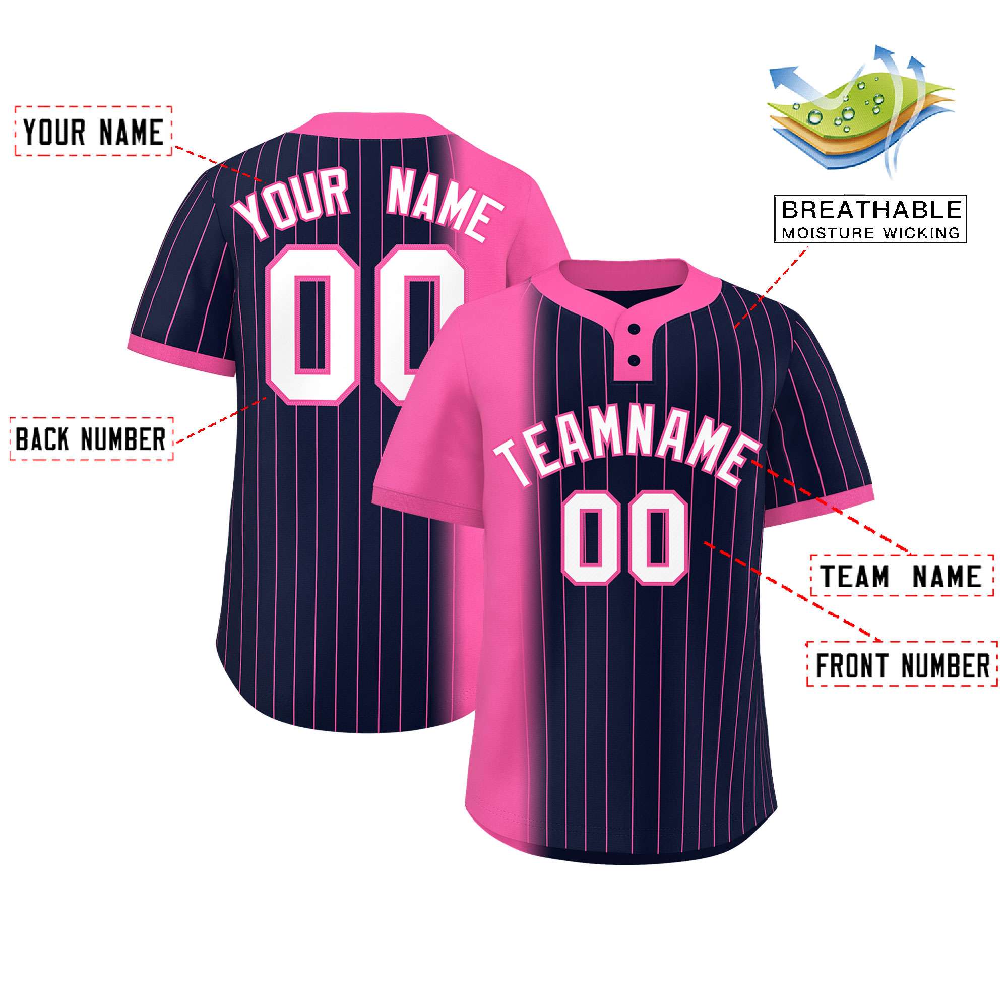 Custom Pink Navy Gradient Stripe Fashion Authentic Two-Button Baseball Jersey