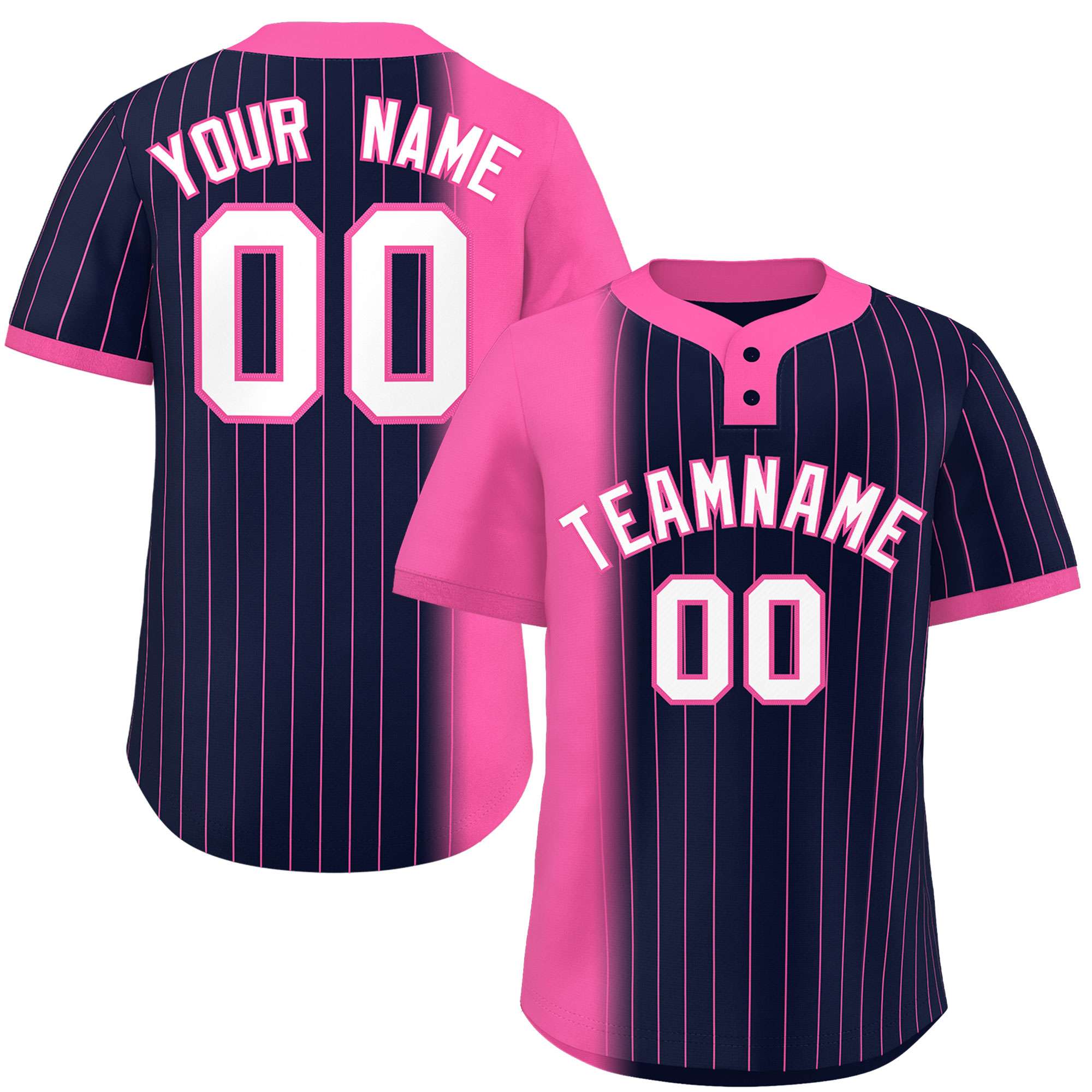 Custom Pink Navy Gradient Stripe Fashion Authentic Two-Button Baseball Jersey