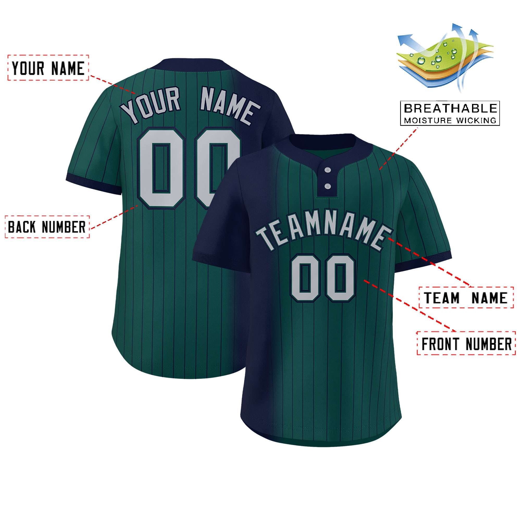 Custom Navy Midnight Green Gradient Stripe Fashion Authentic Two-Button Baseball Jersey