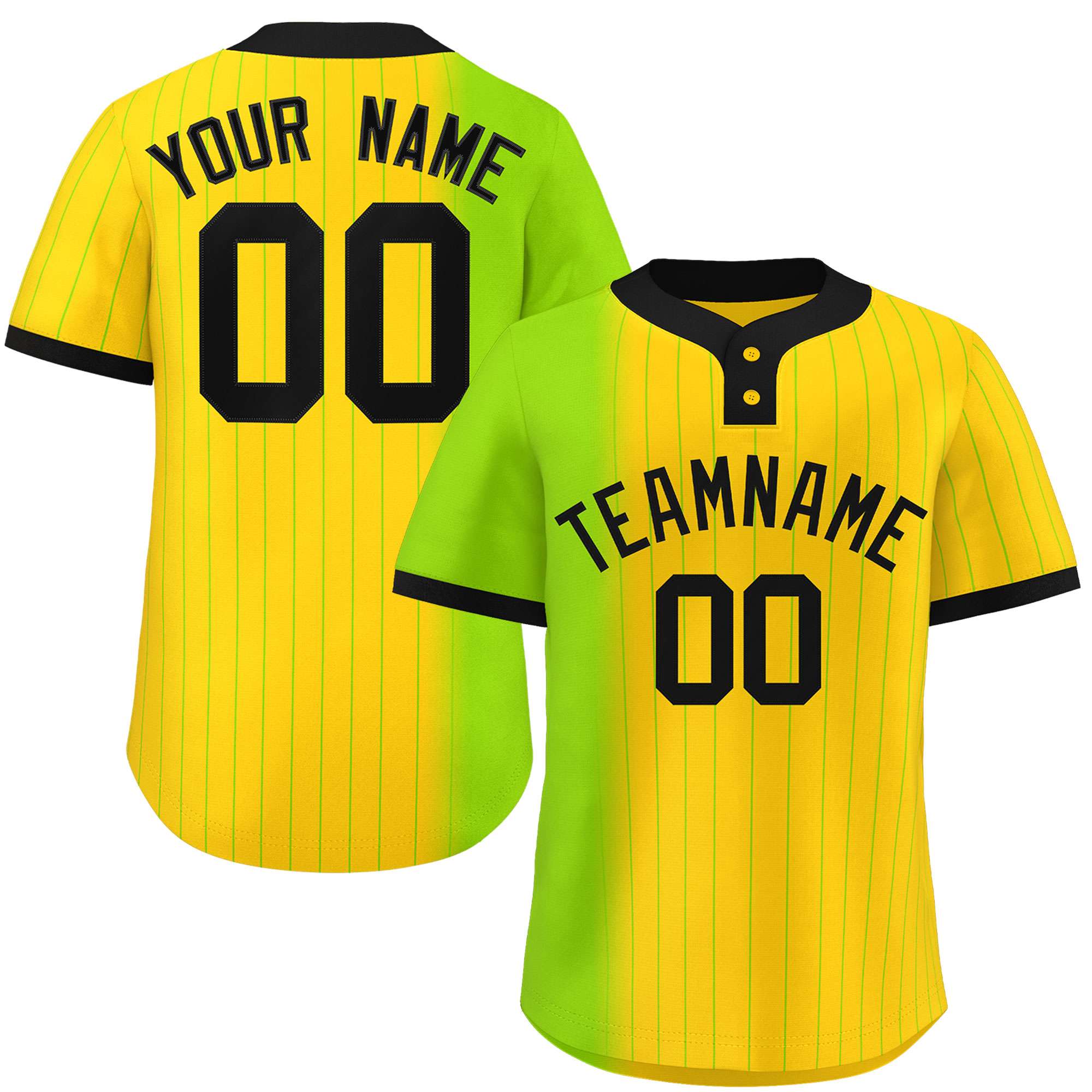 Custom Neon Green Gold Gradient Stripe Fashion Authentic Two-Button Baseball Jersey