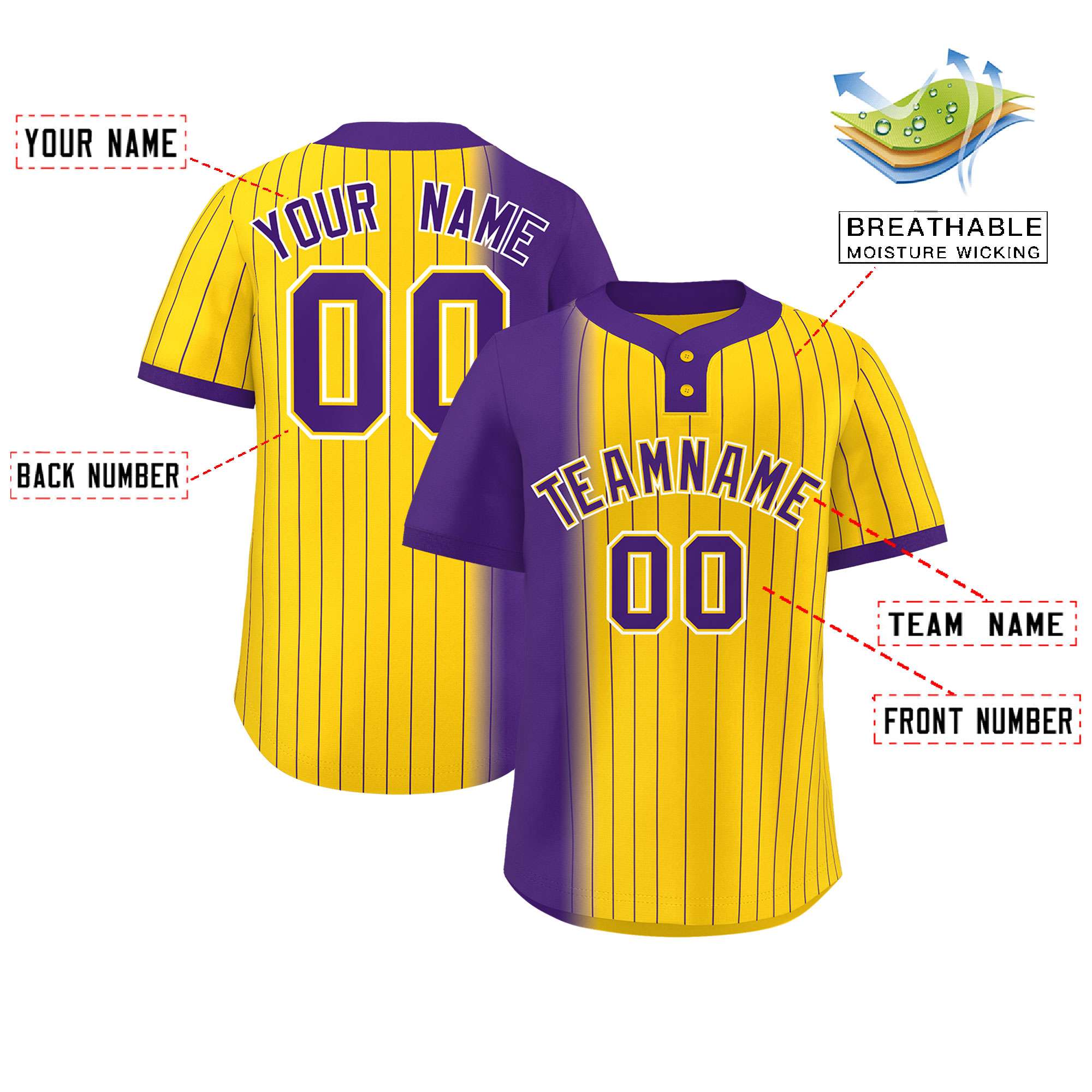 Custom Purple Gold Gradient Stripe Fashion Authentic Two-Button Baseball Jersey