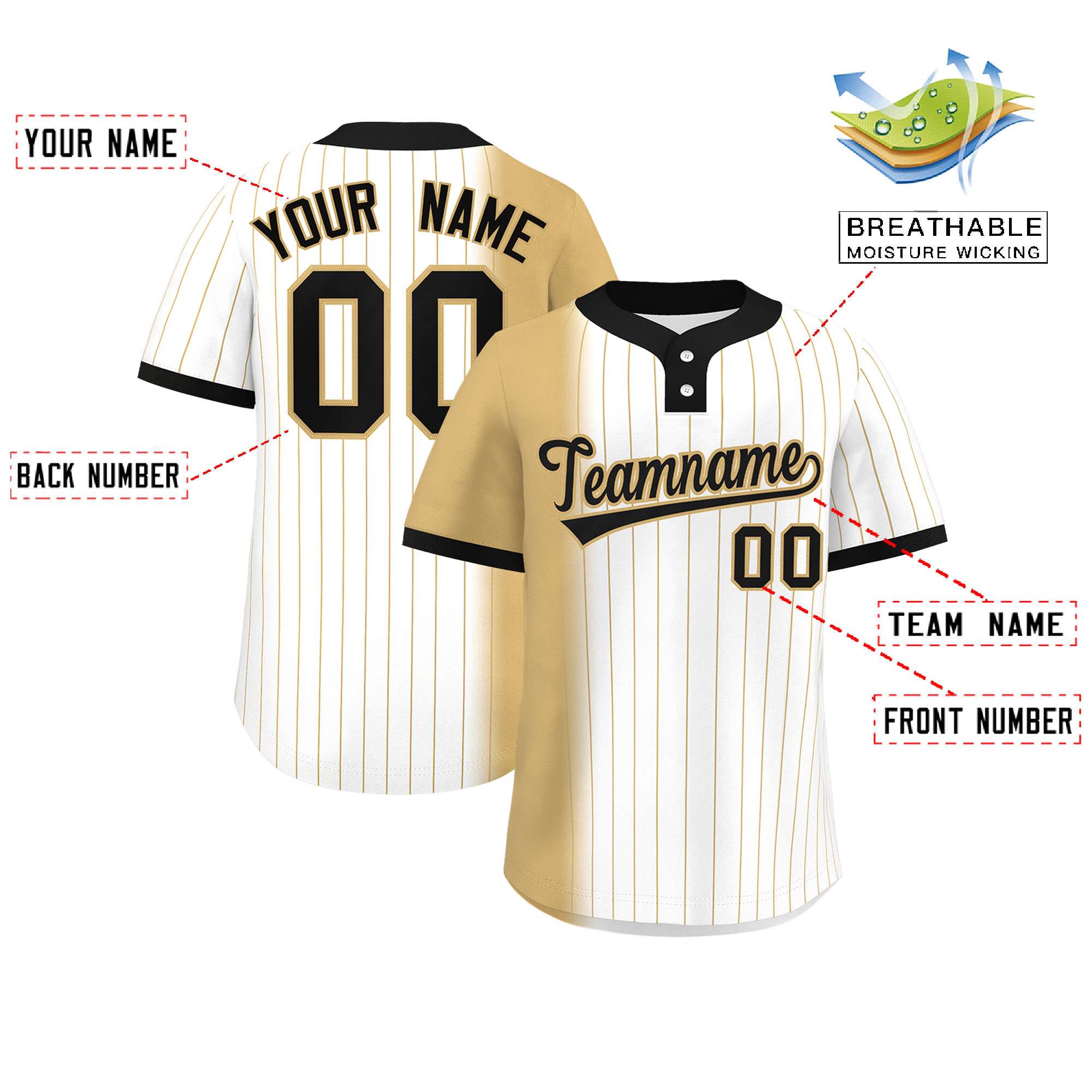 Custom Old Gold White-Black Gradient Stripe Fashion Authentic Two-Button Baseball Jersey