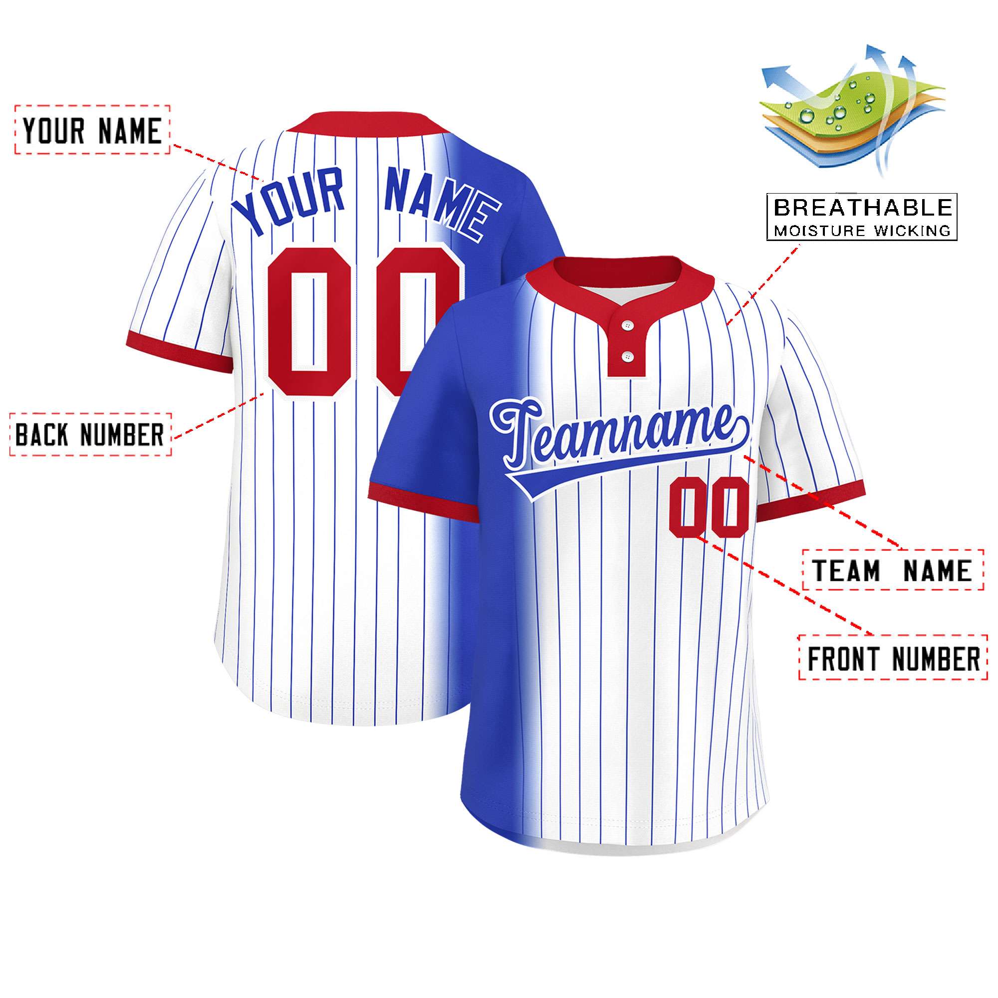 Custom Royal White-Red Gradient Stripe Fashion Authentic Two-Button Baseball Jersey