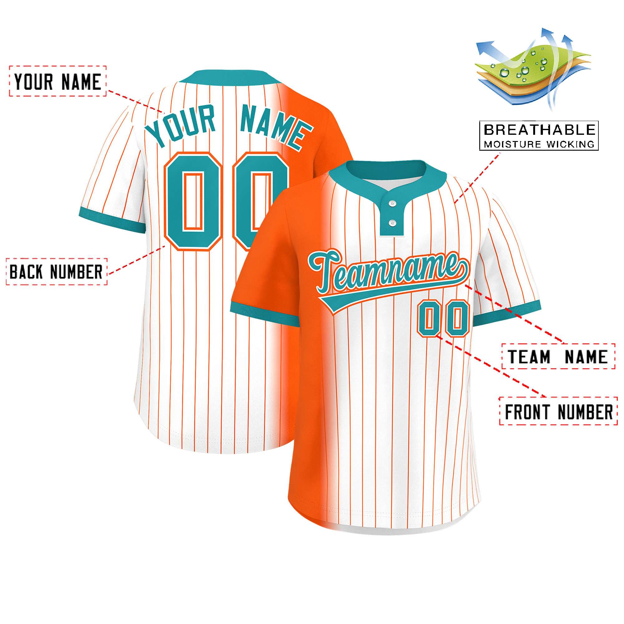 Custom Orange White-Aqua Gradient Stripe Fashion Authentic Two-Button Baseball Jersey