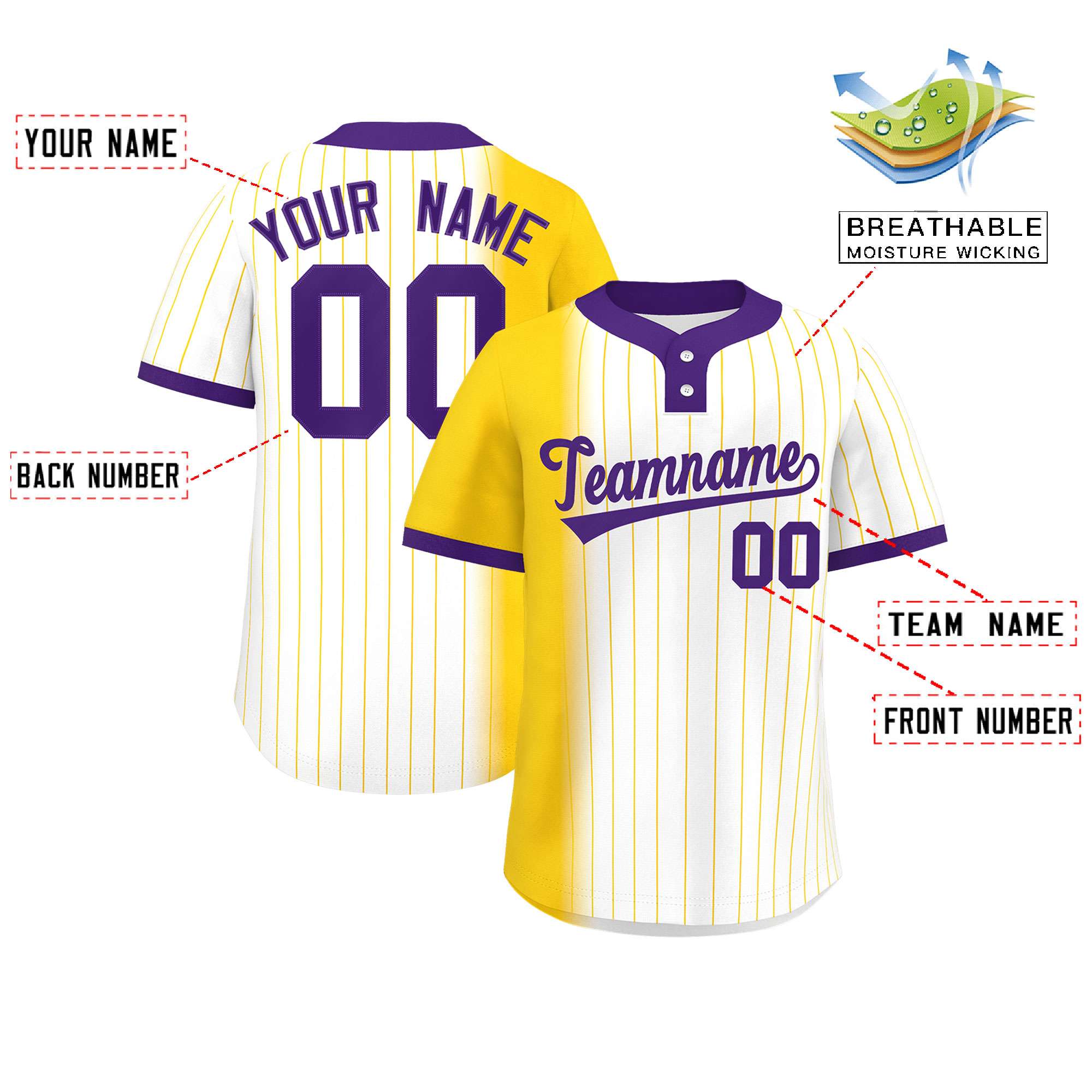 Custom Gold White-Purple Gradient Stripe Fashion Authentic Two-Button Baseball Jersey