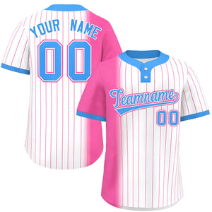 Custom Pink White-Powder Blue Gradient Stripe Fashion Authentic Two-Button Baseball Jersey