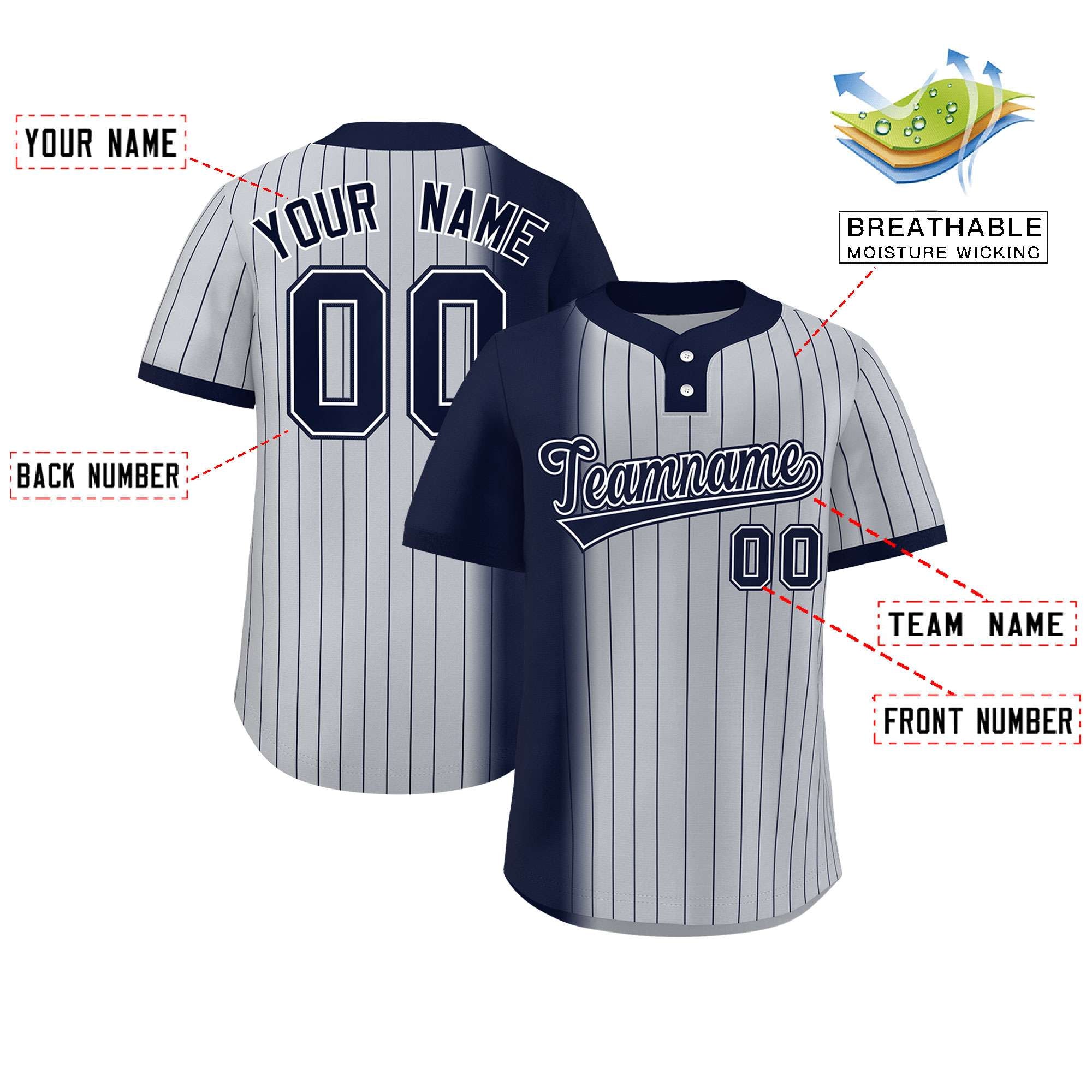 Custom Navy Gray Gradient Stripe Fashion Authentic Two-Button Baseball Jersey