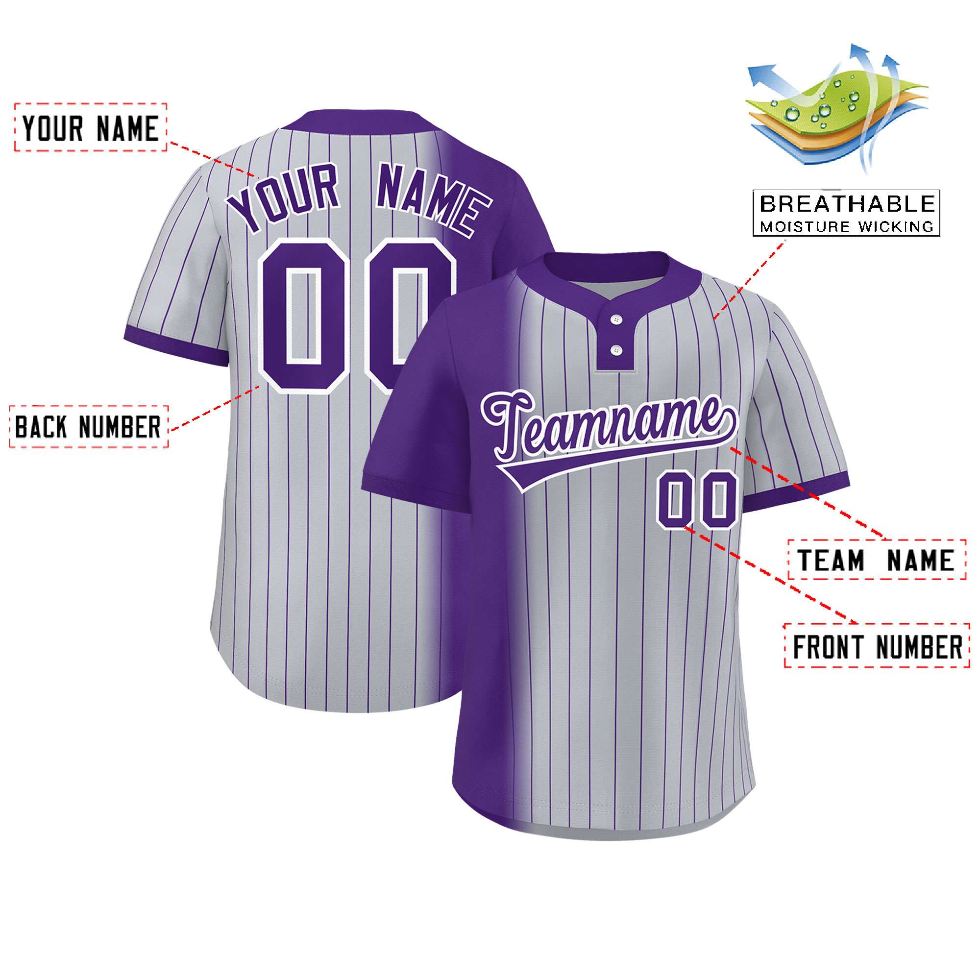 Custom Purple Gray Gradient Stripe Fashion Authentic Two-Button Baseball Jersey