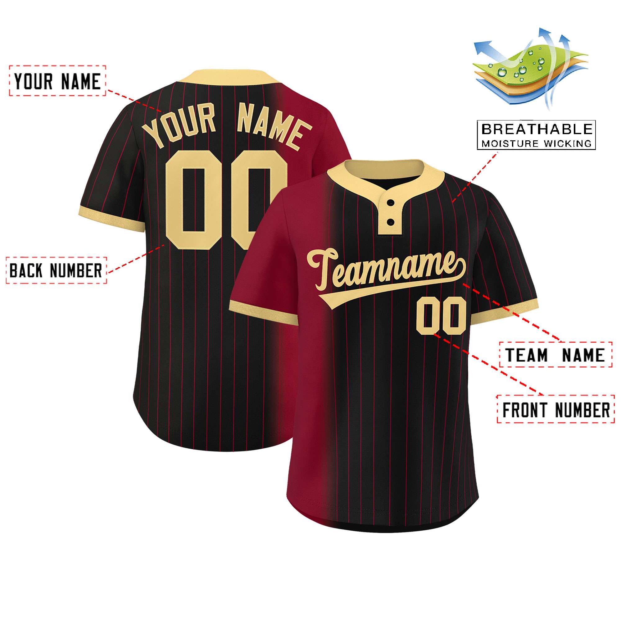 Custom Crimson Black-Khaki Gradient Stripe Fashion Authentic Two-Button Baseball Jersey