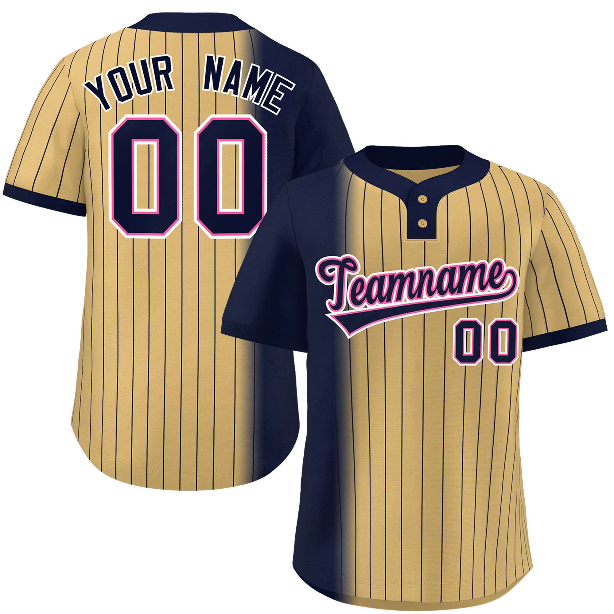 Custom Navy Old Gold Gradient Stripe Fashion Authentic Two-Button Baseball Jersey