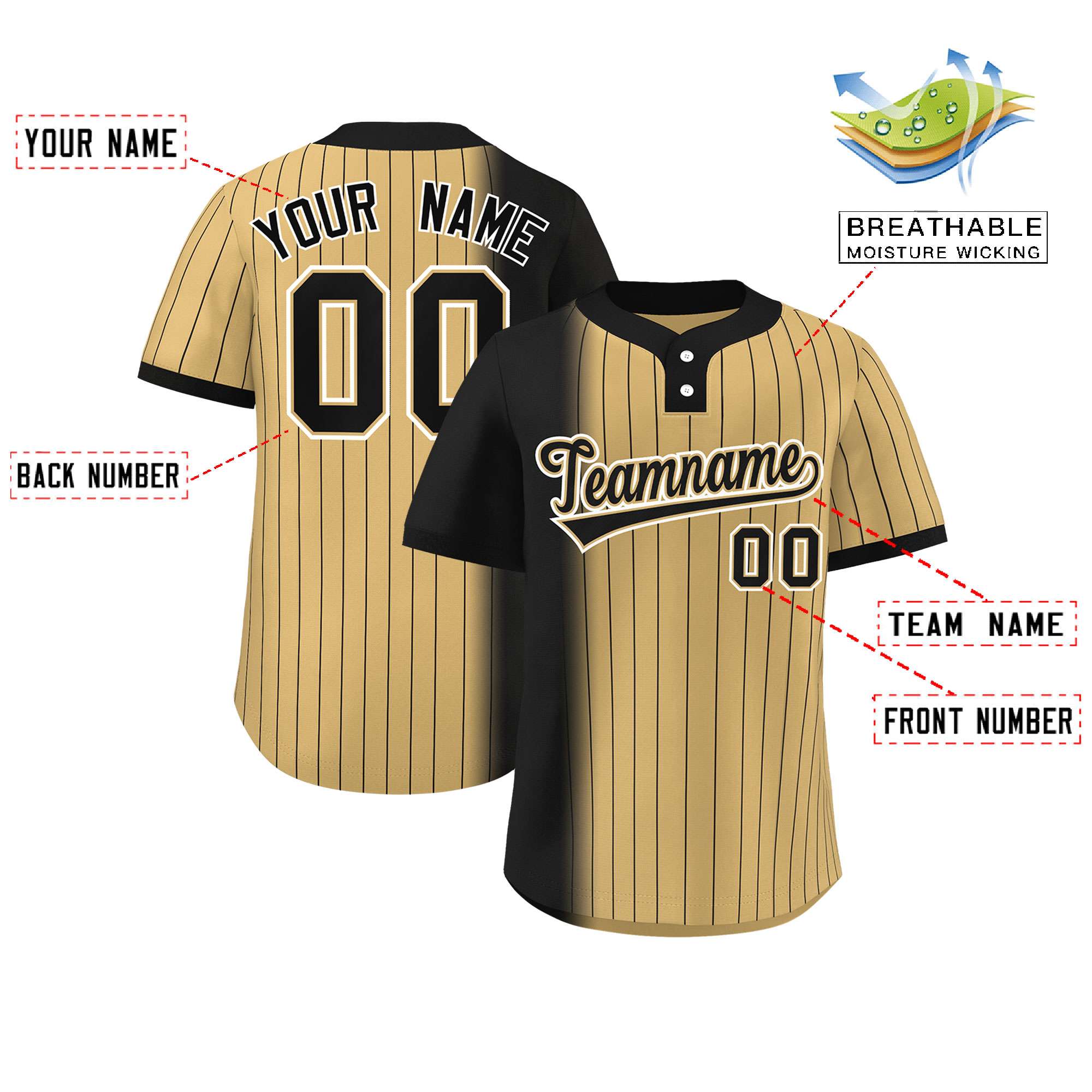 Custom Black Old Gold Gradient Stripe Fashion Authentic Two-Button Baseball Jersey