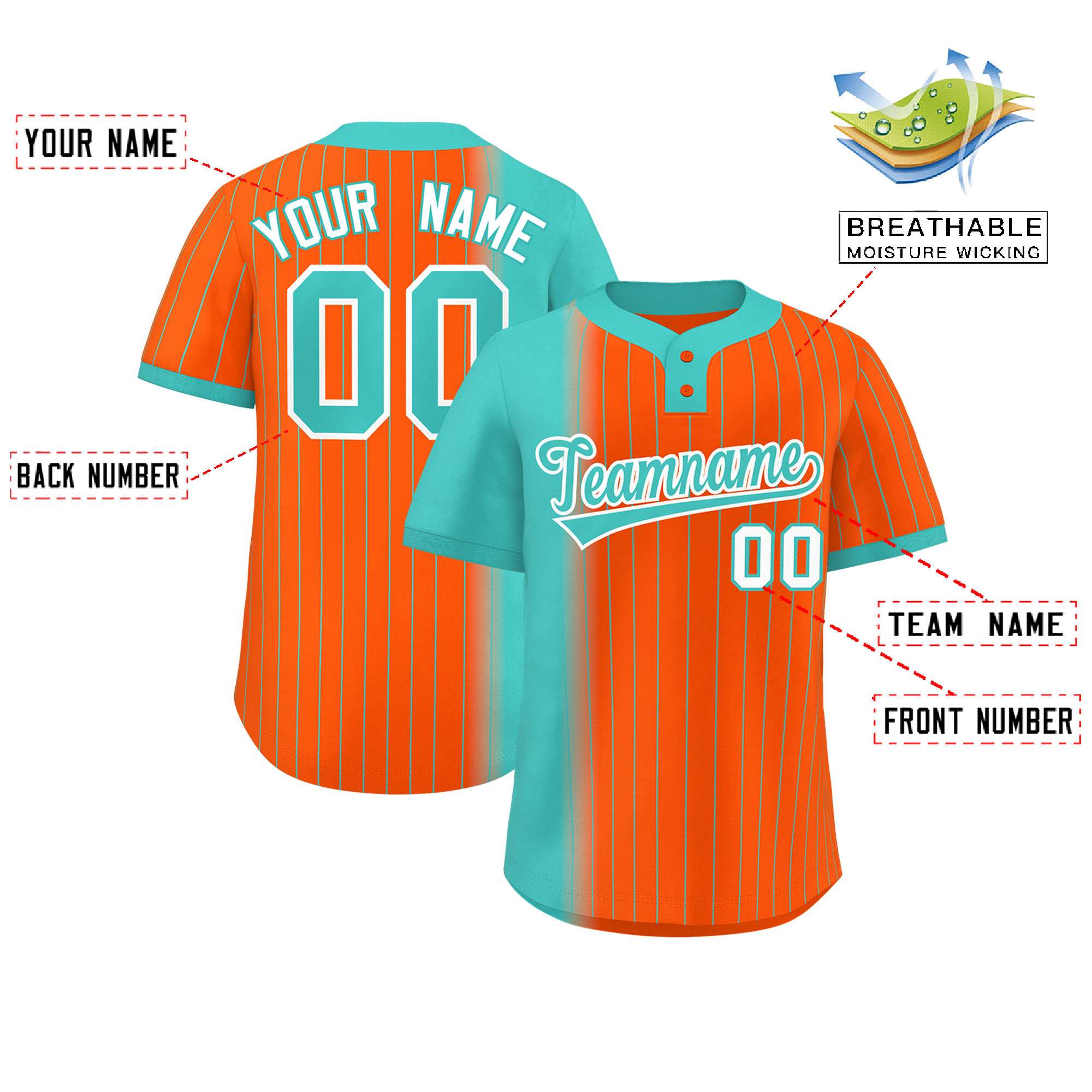 Custom Aqua Orange Gradient Stripe Fashion Authentic Two-Button Baseball Jersey