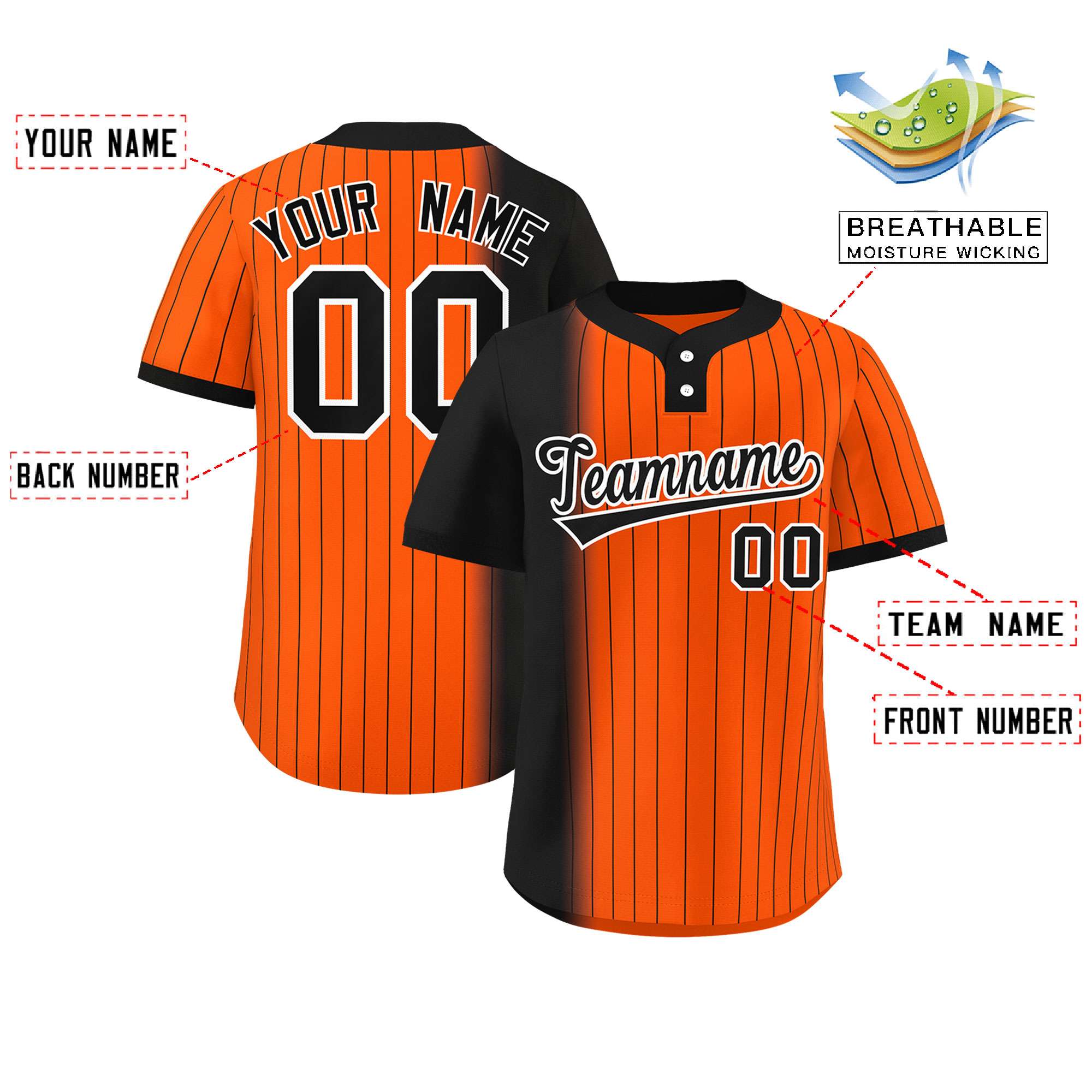 Custom Black Orange Gradient Stripe Fashion Authentic Two-Button Baseball Jersey