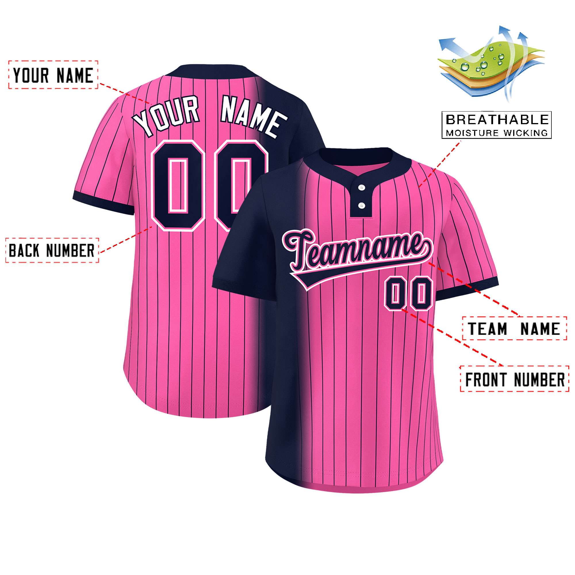 Custom Navy Pink Gradient Stripe Fashion Authentic Two-Button Baseball Jersey