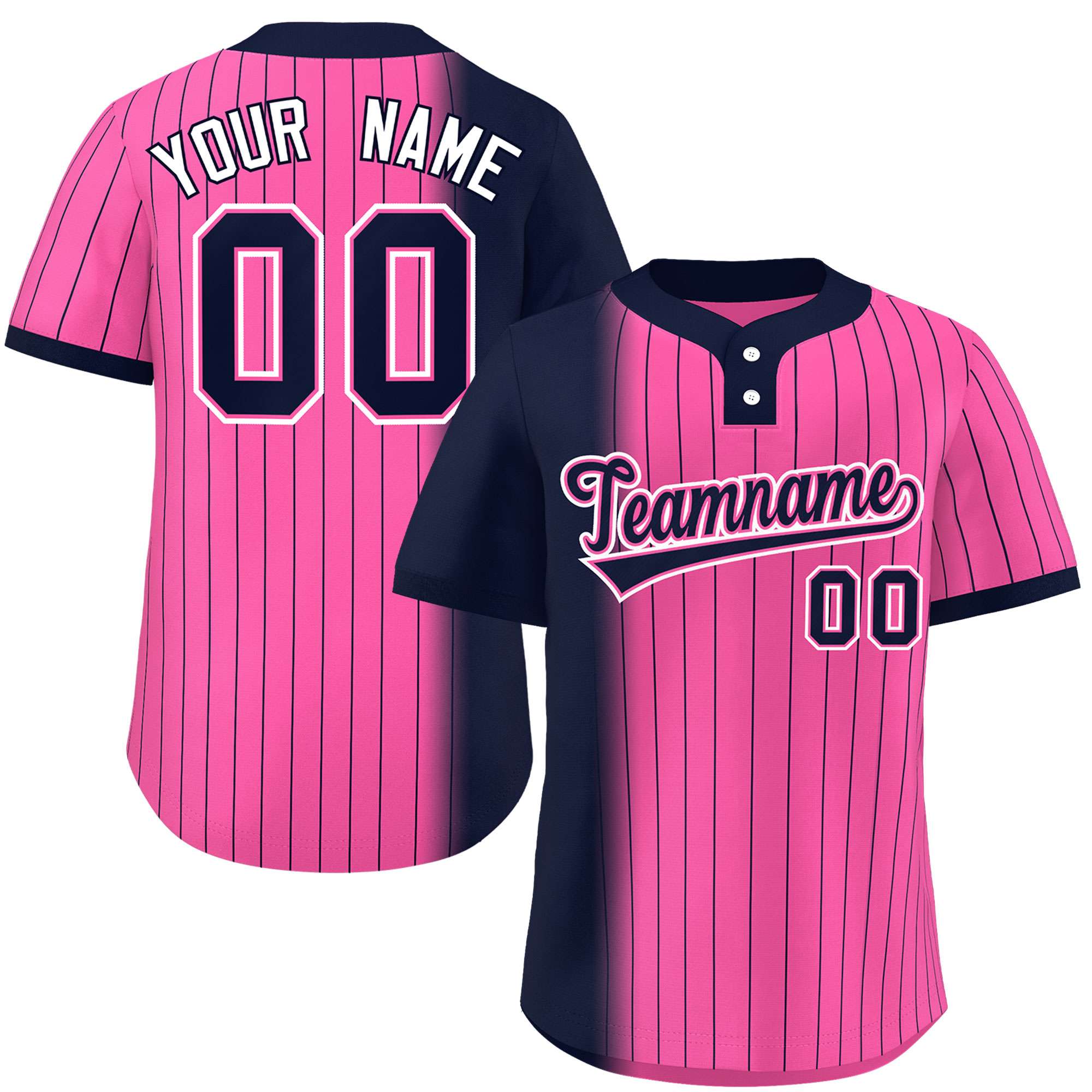 Custom Navy Pink Gradient Stripe Fashion Authentic Two-Button Baseball Jersey