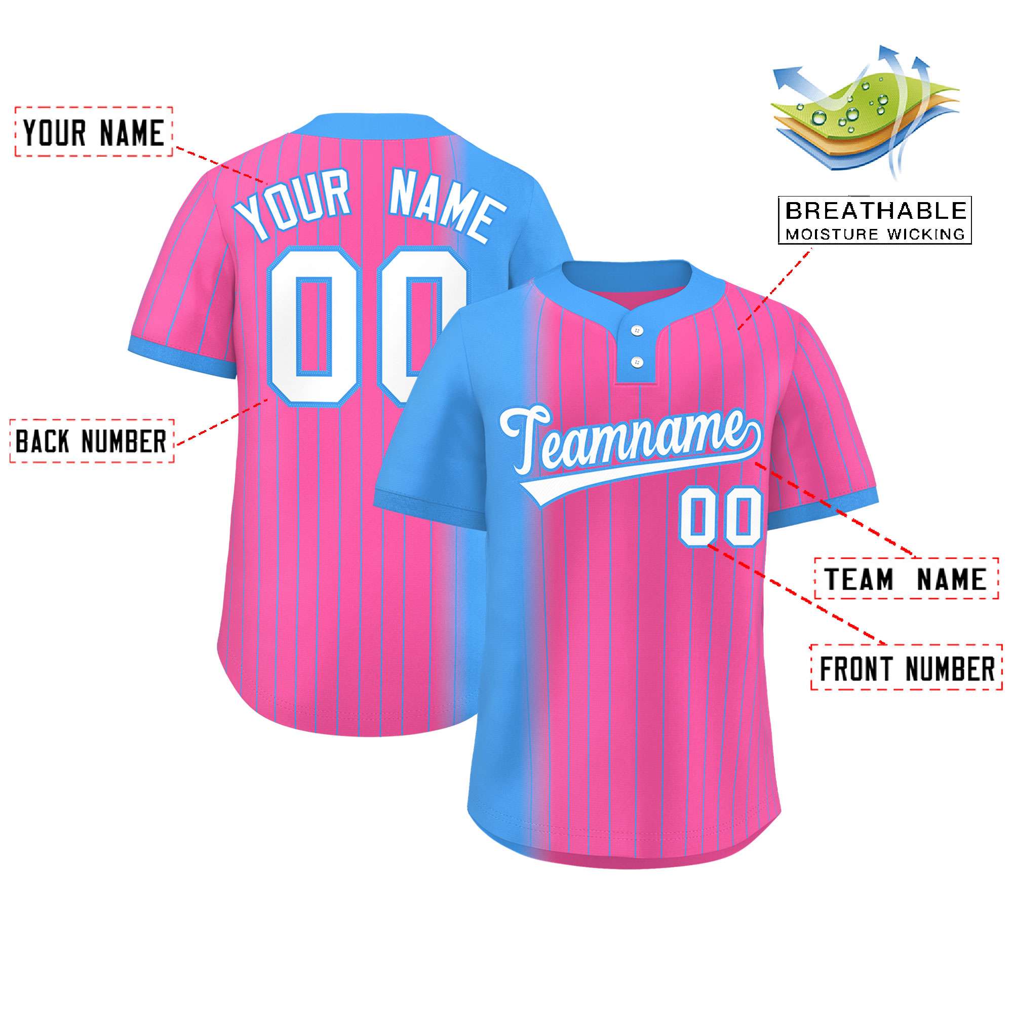 Custom Powder Blue Pink Gradient Stripe Fashion Authentic Two-Button Baseball Jersey