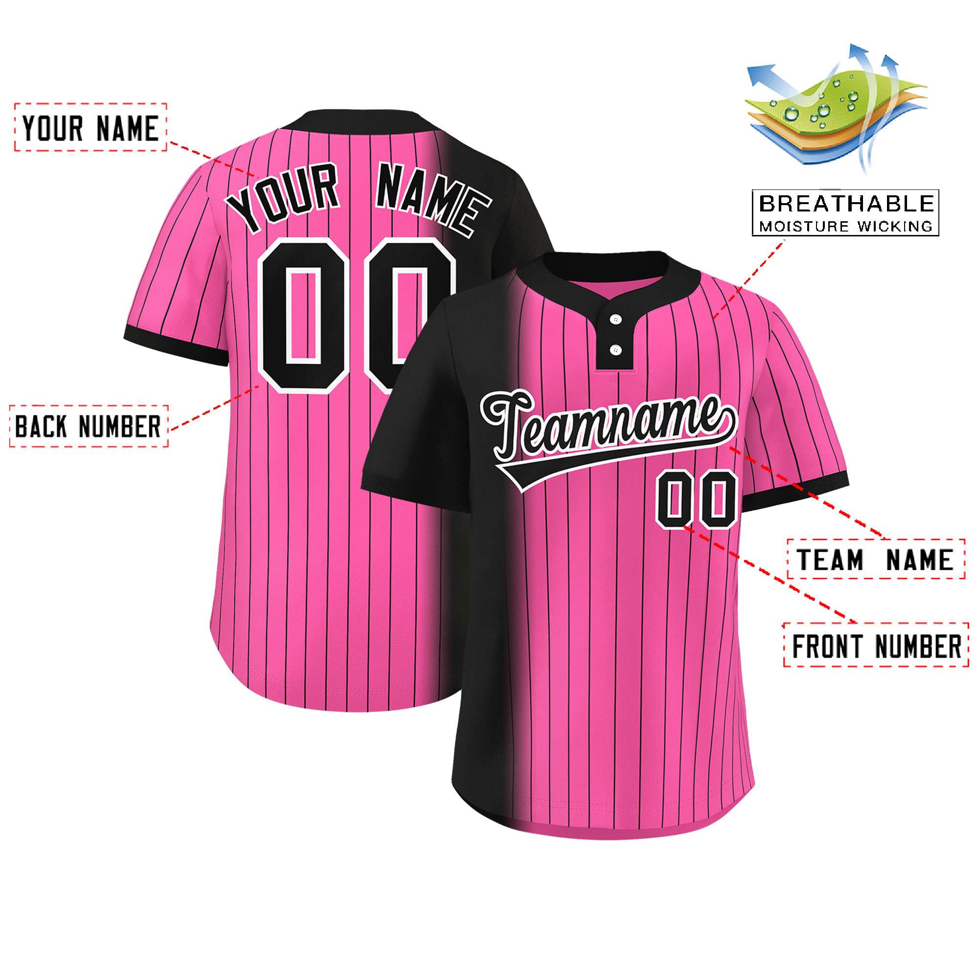 Custom Black Pink Gradient Stripe Fashion Authentic Two-Button Baseball Jersey