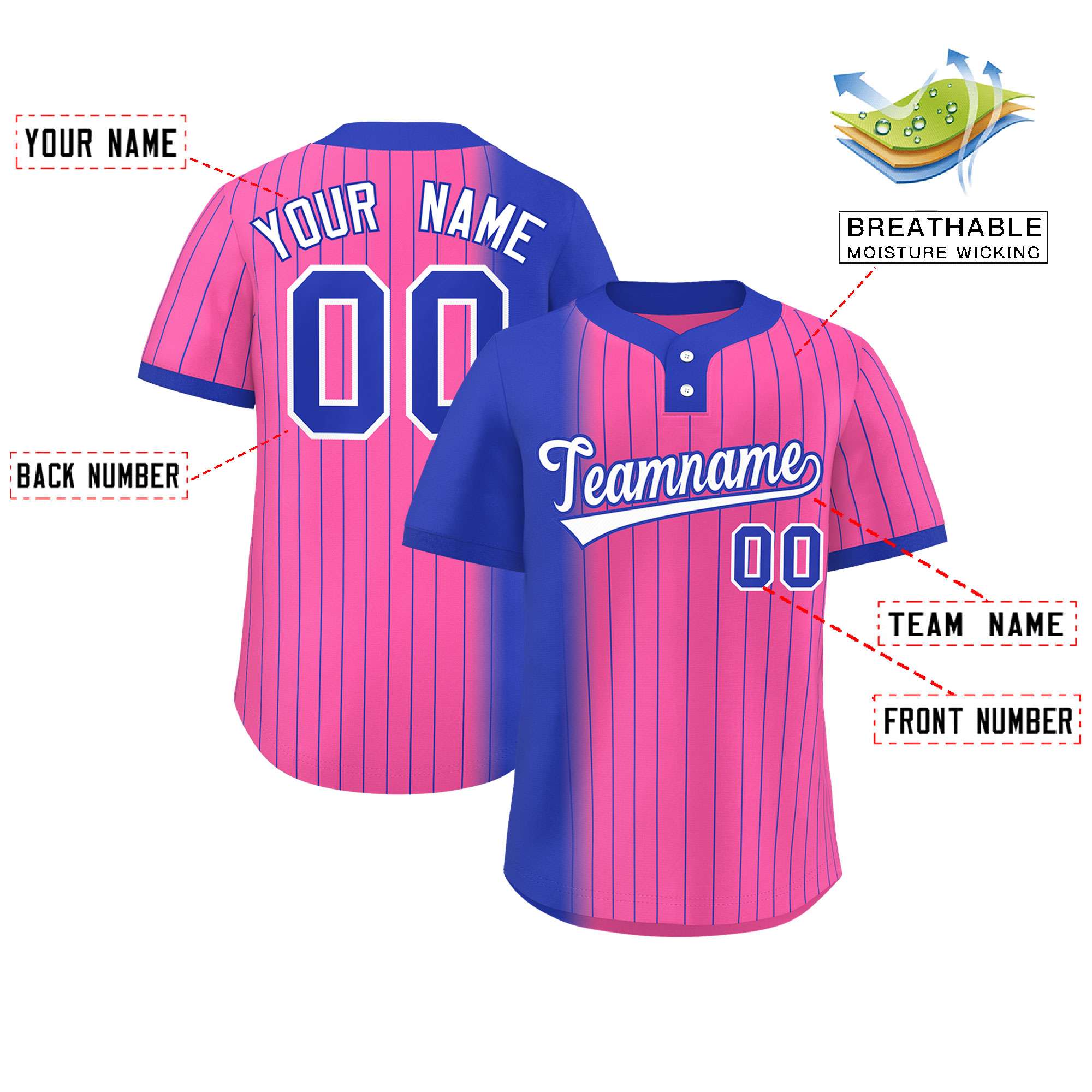 Custom Royal Pink Gradient Stripe Fashion Authentic Two-Button Baseball Jersey