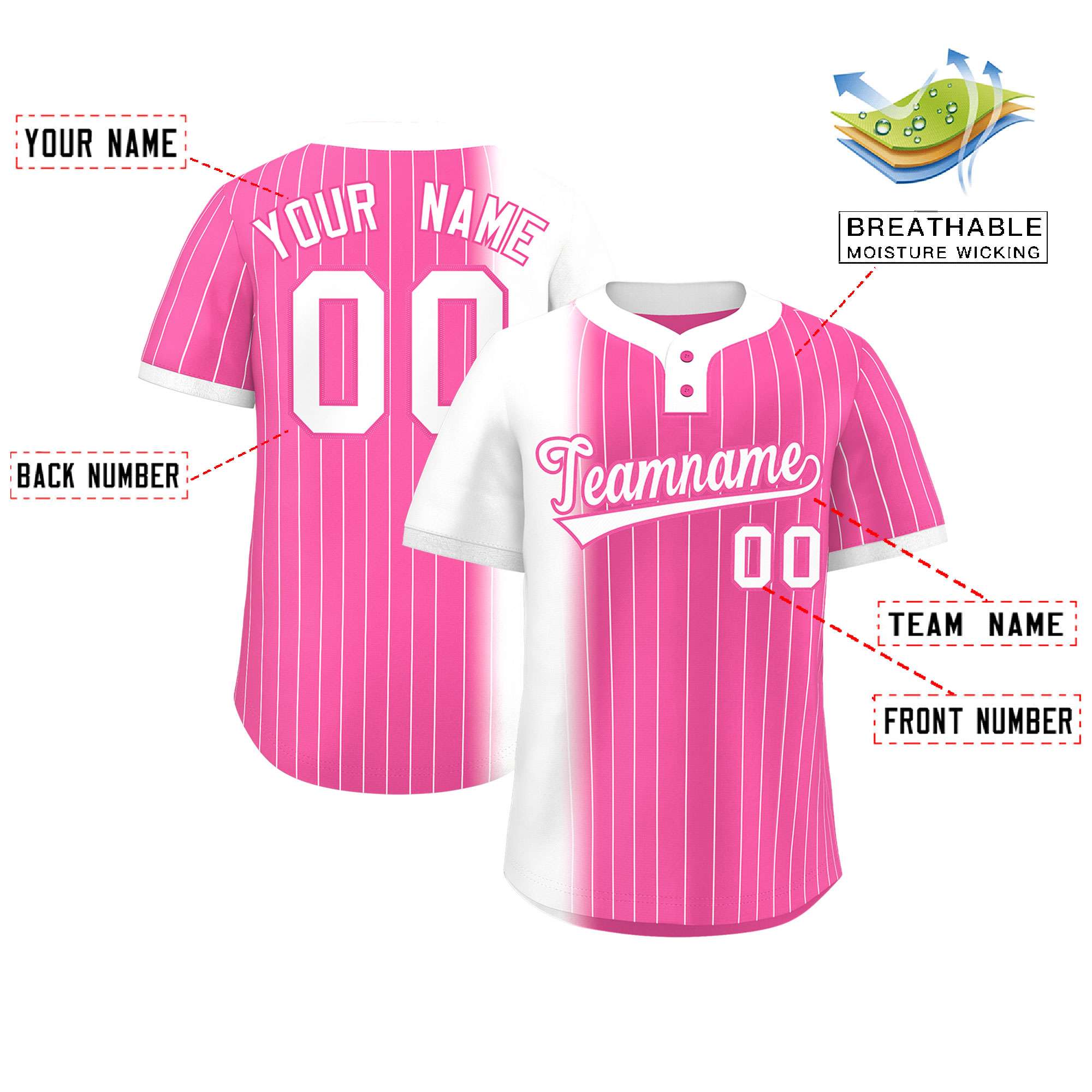 Custom White Pink Gradient Stripe Fashion Authentic Two-Button Baseball Jersey